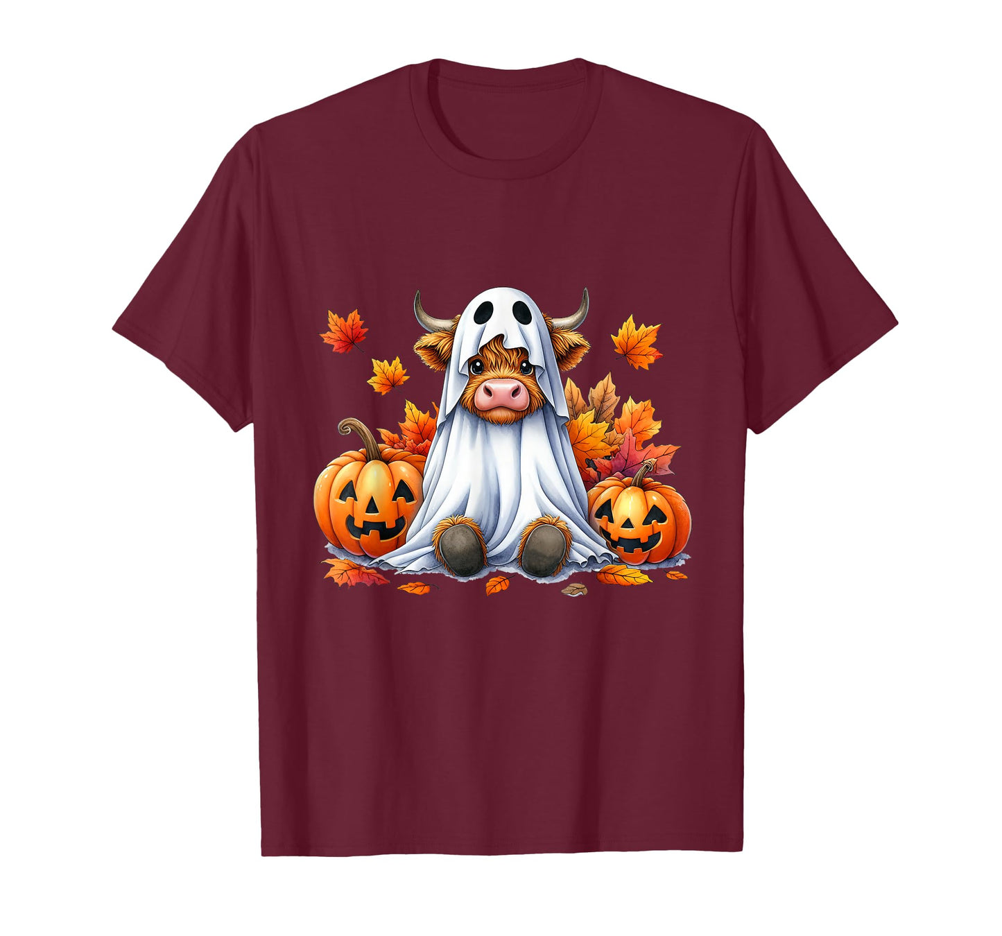 Funny Halloween Highland Cow Ghost Spooky Pumpkin Hello Fall T-Shirt