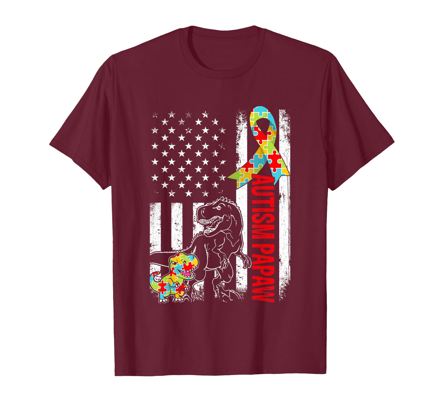 American Flag Autism Papaw Dinosaur Awareness Autistic Women Kids Men T-Shirt