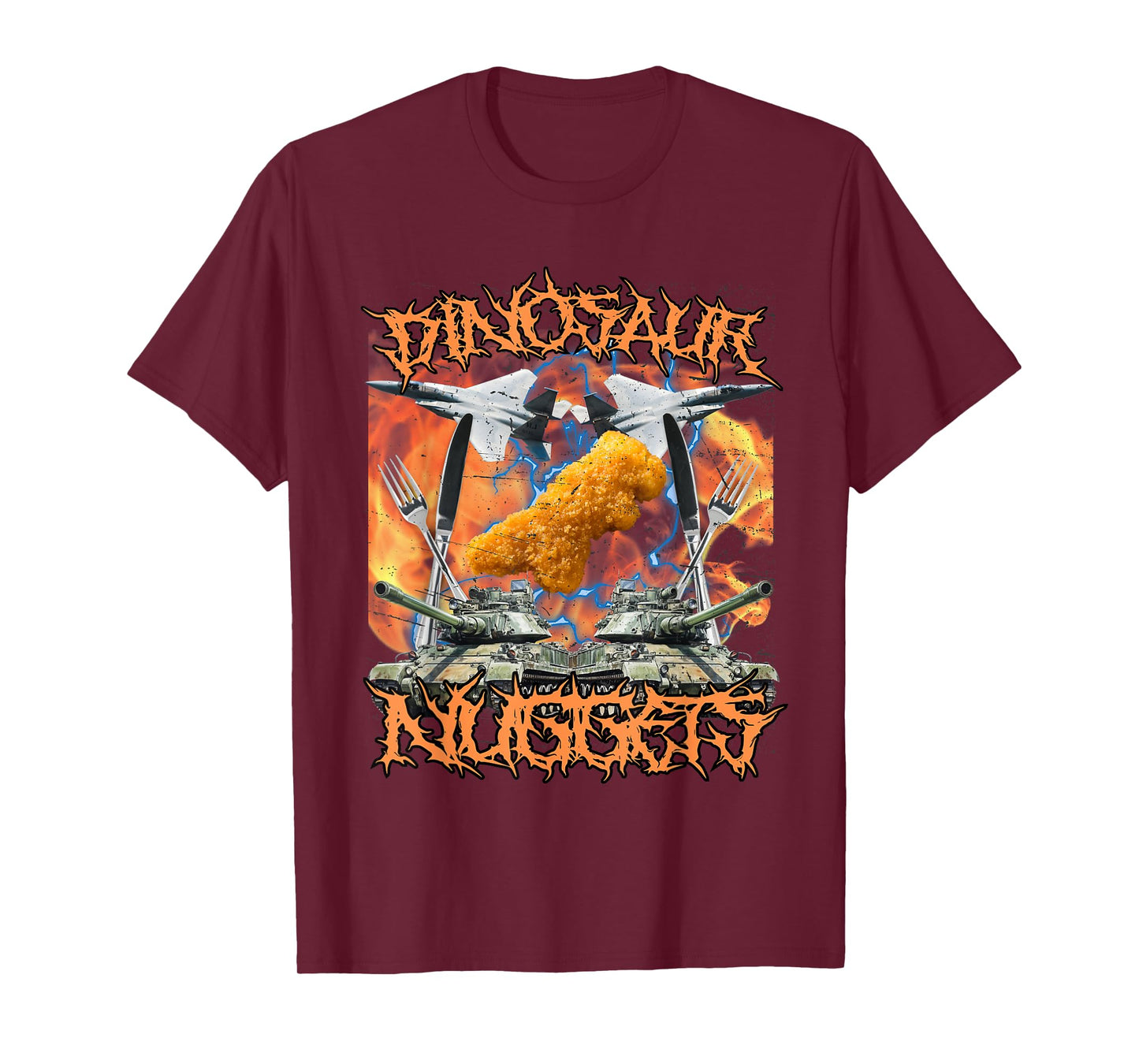 Funny Dinosaur Chicken Nugget Bootleg Hardcore Flames Meme T-Shirt