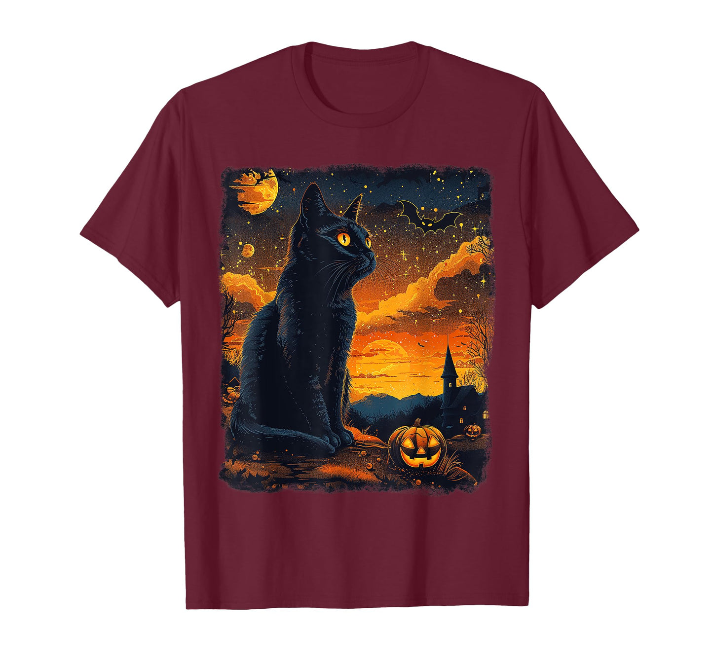 Black Cat Starry Night Van Gogh Pumpkins Bats Halloween Crew T-Shirt