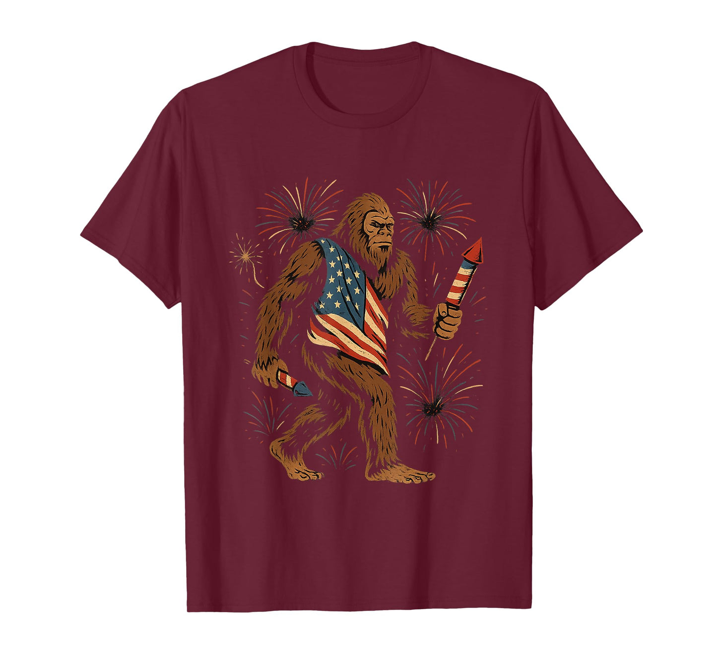 Bigfoot Fireworks 4th of July Men Sasquatch American US Flag T-Shirt