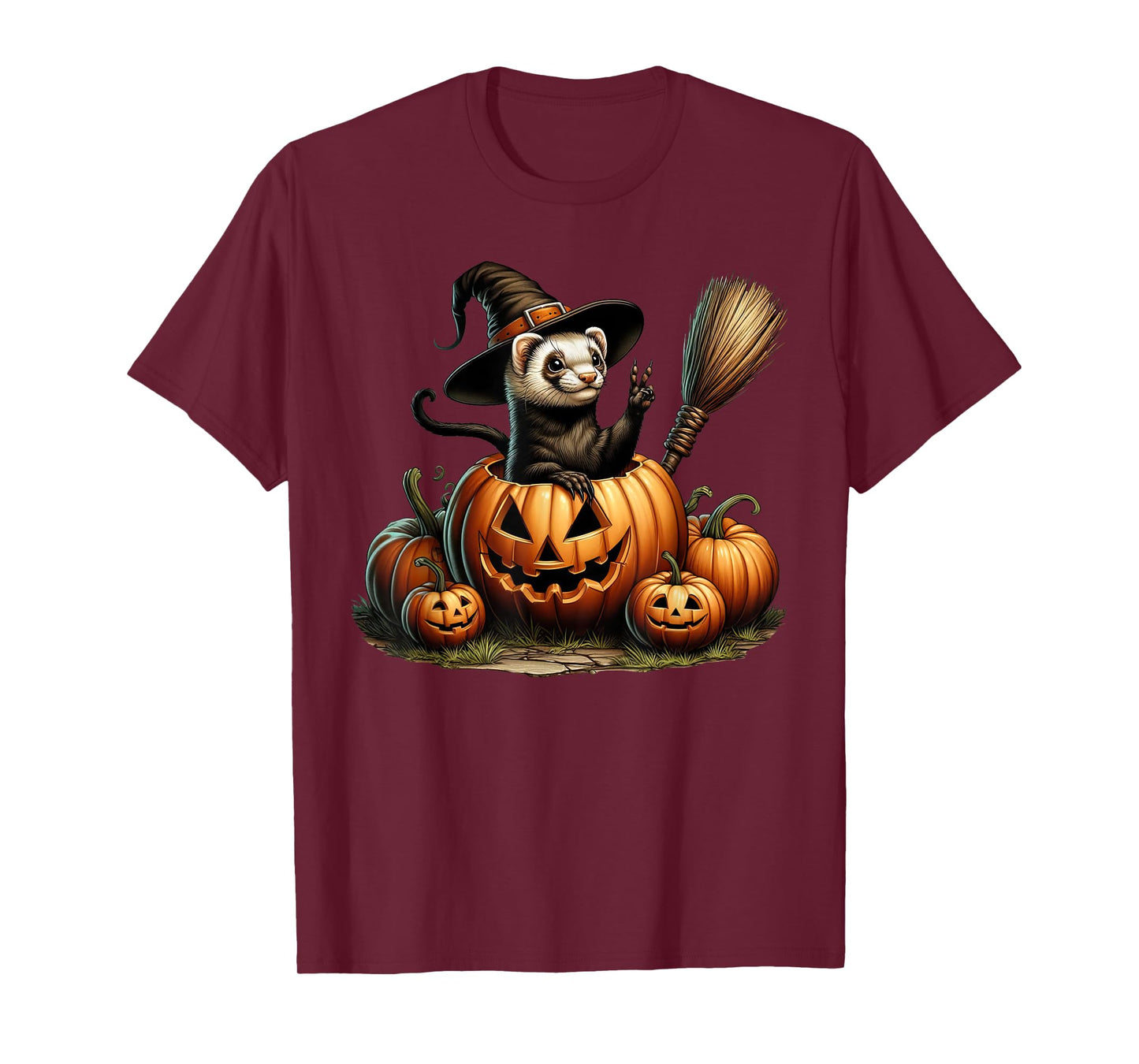 Funny Ferret Witch Pumpkin Halloween Mens Womens Kids T-Shirt
