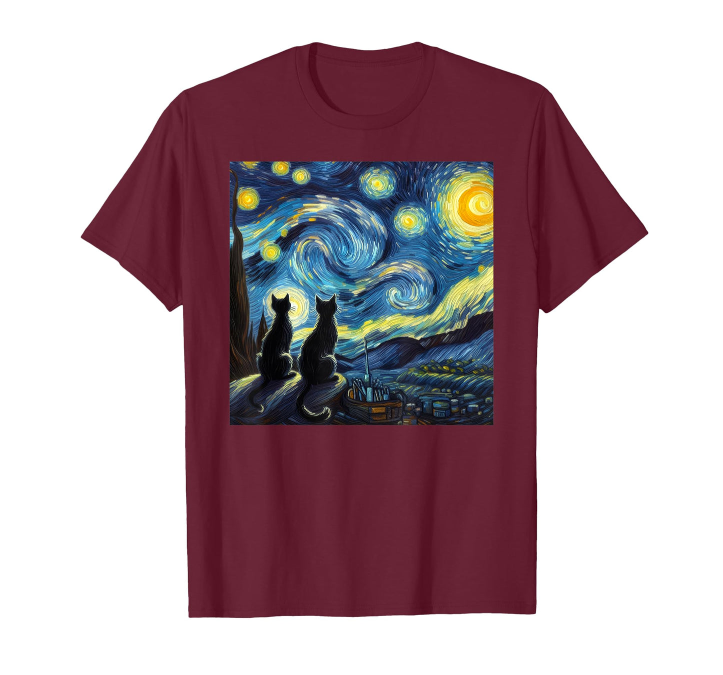 Black Cats Lover Starry Night Van Gogh T-Shirt