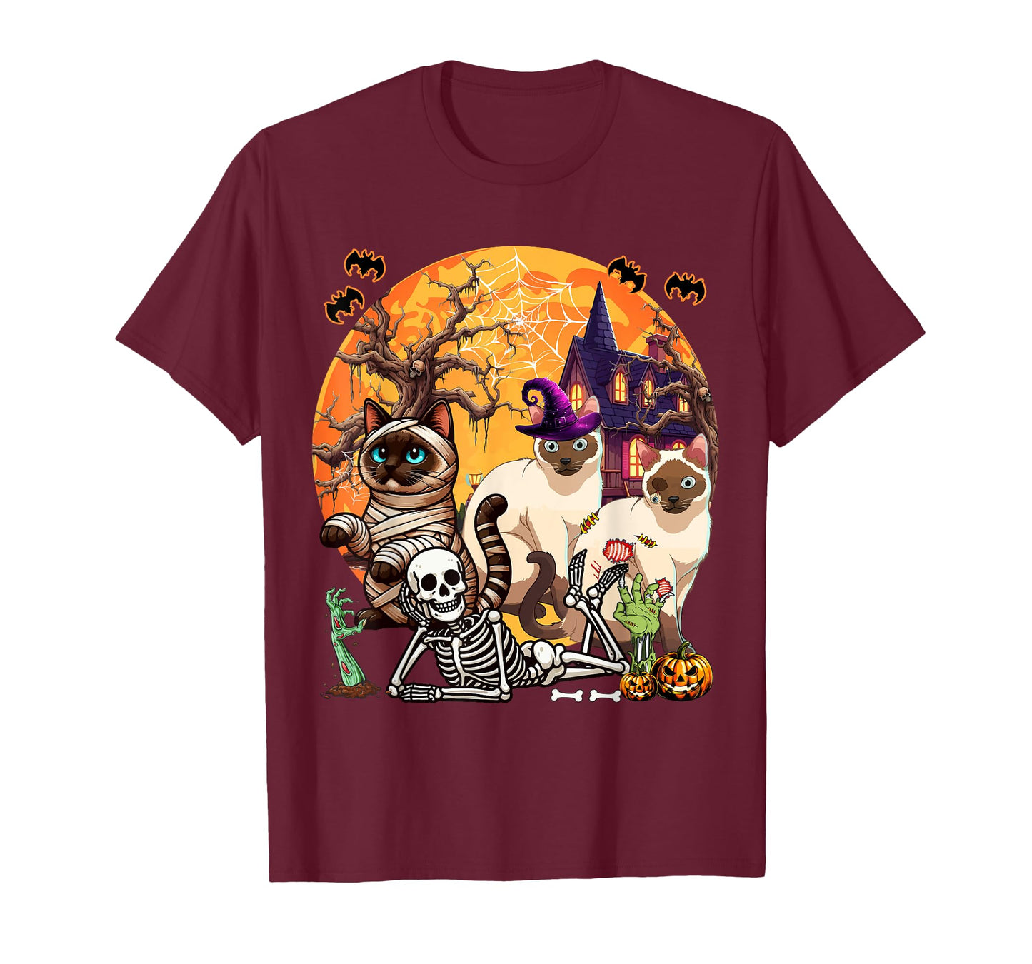 Three Horror Siamese Cats Cosplay Witch Halloween Skeleton T-Shirt