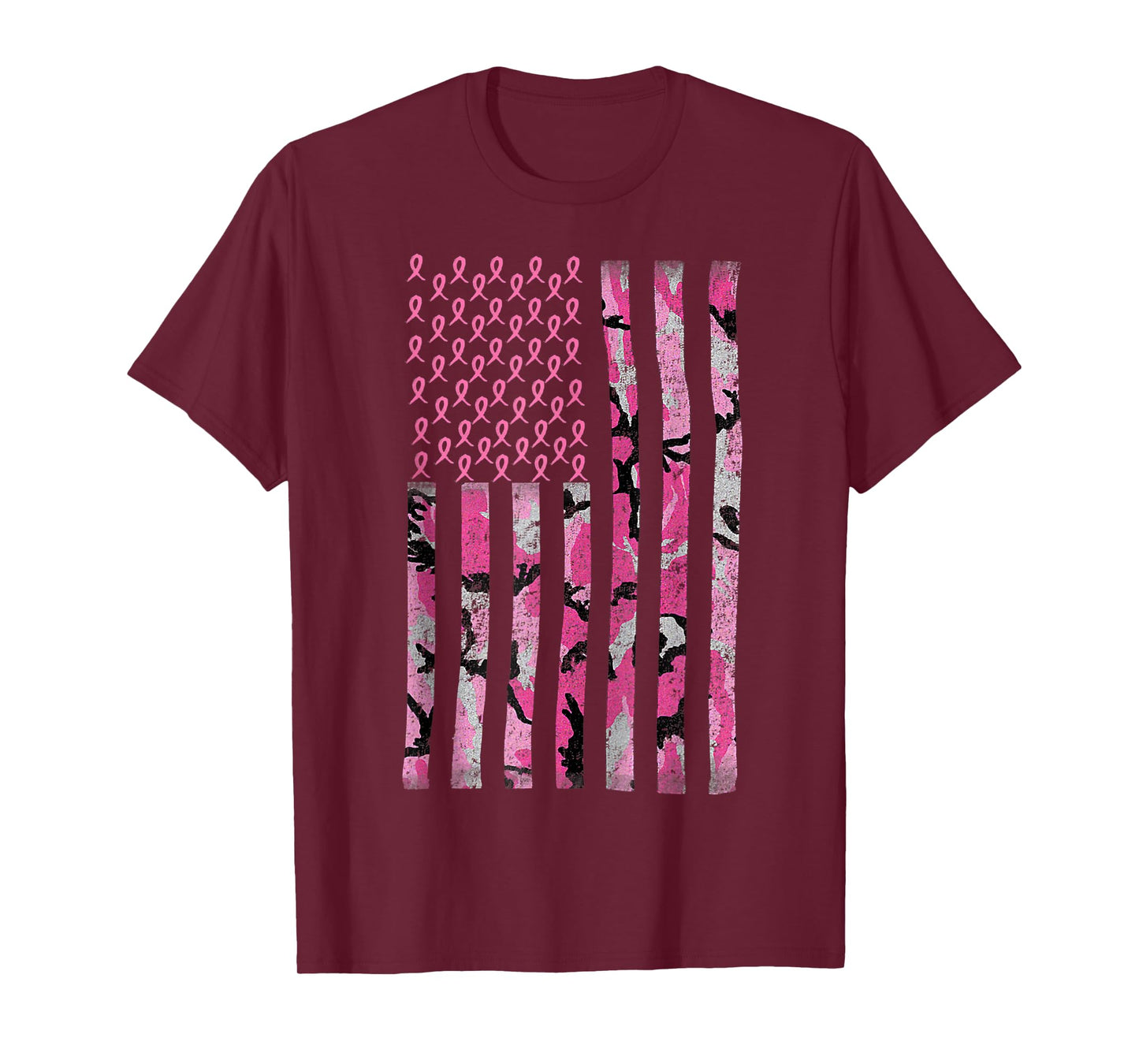 Breast Cancer Awareness Camo Pink Ribbon American Flag T-Shirt