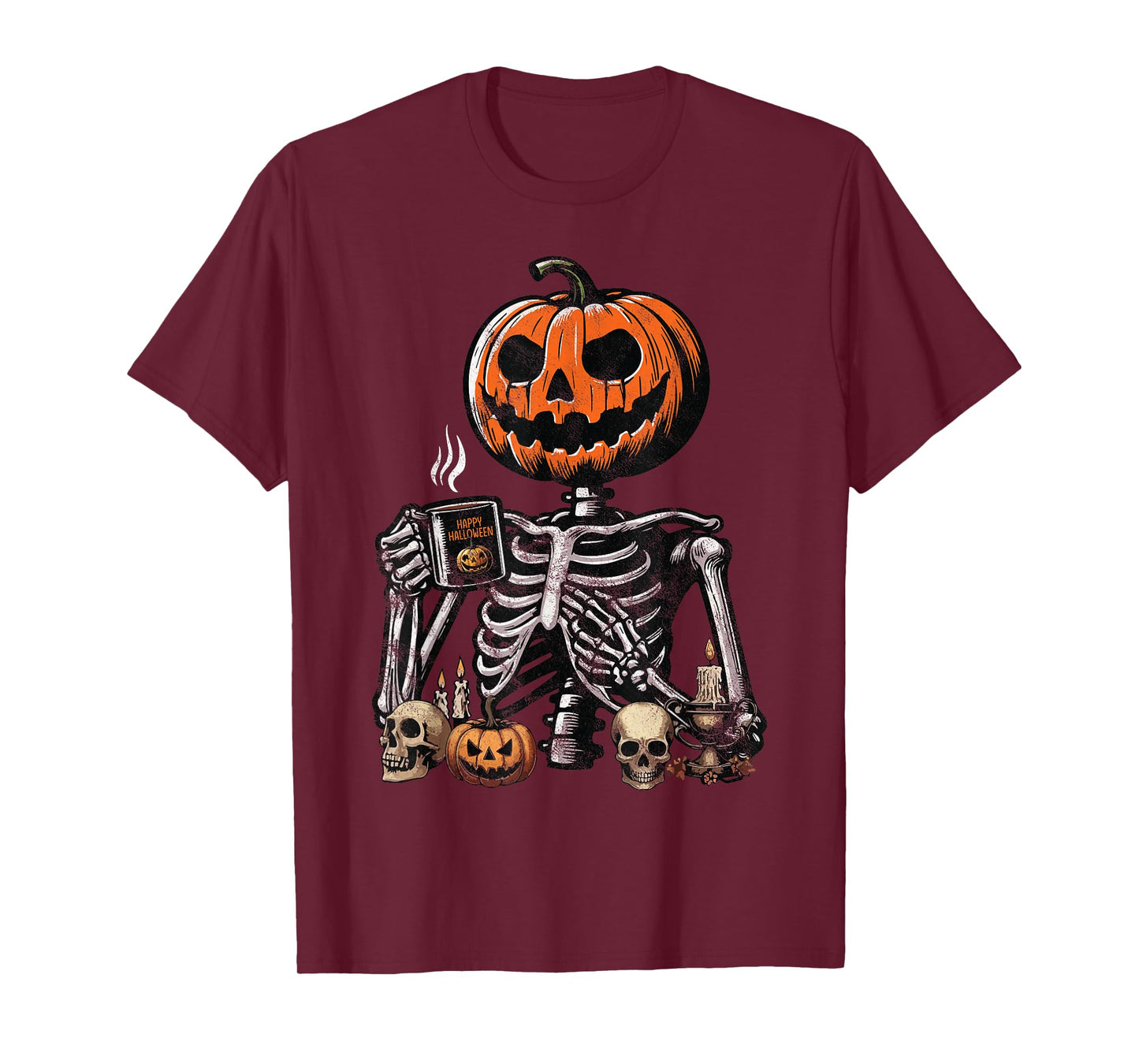 Skeleton Pumpkin Coffee Drinking Funny Halloween Costume T-Shirt