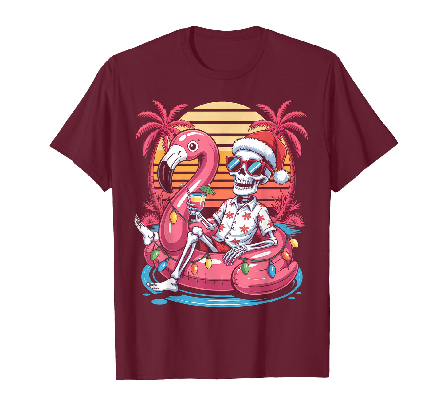 Christmas in July Skeleton Flamingo Float Summer Xmas T-Shirt