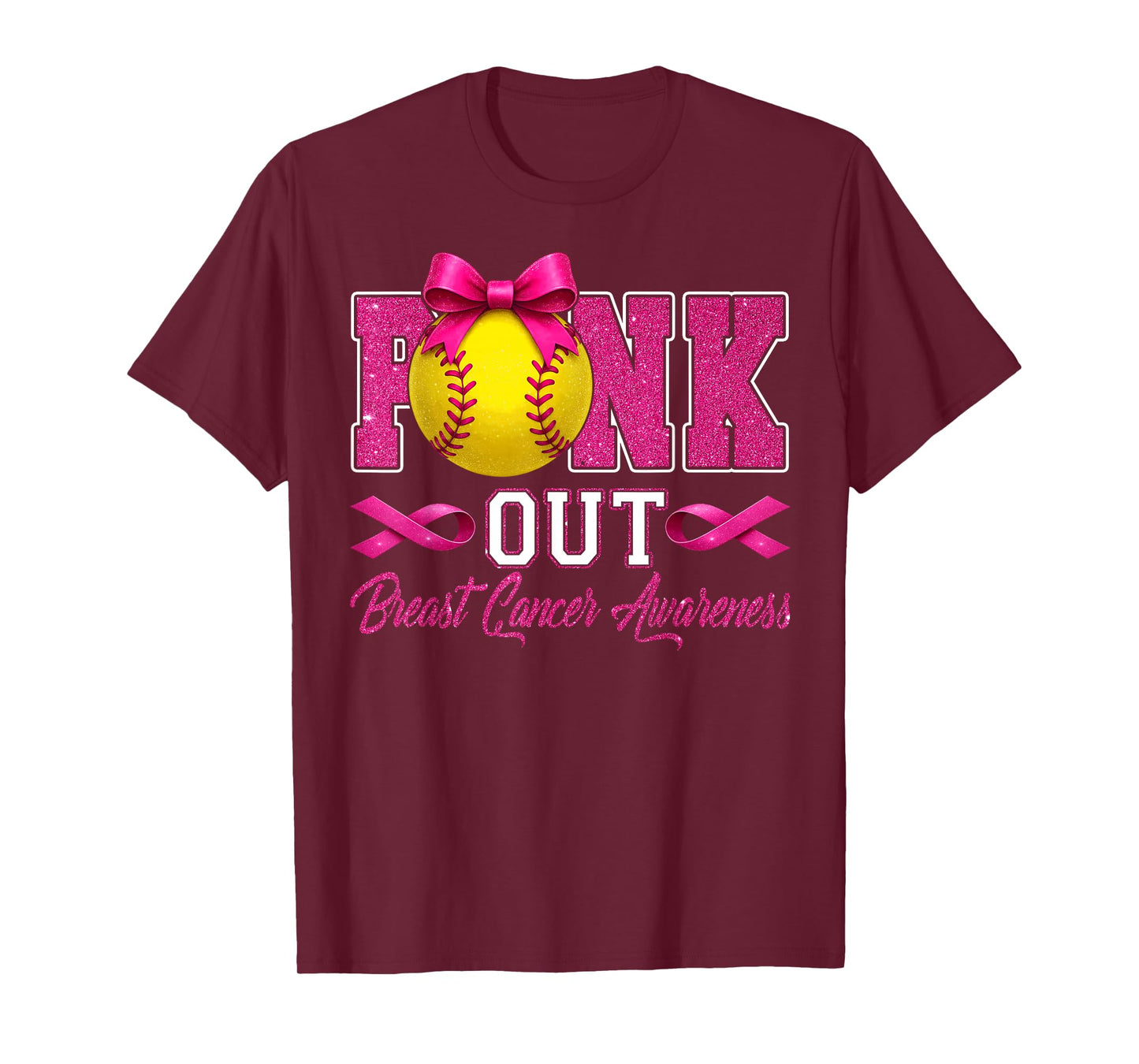 Pink Out Breast Cancer Awareness Coquette Bow & Softball T-Shirt