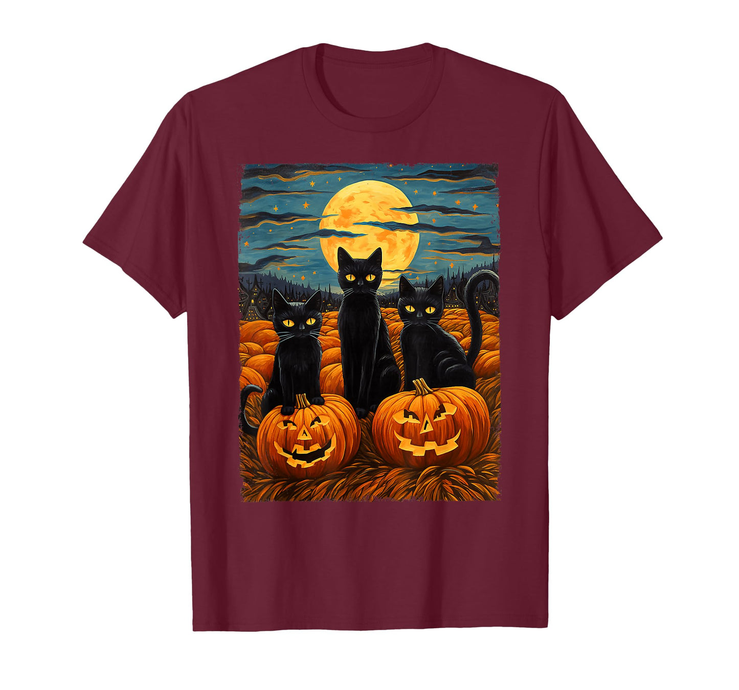 Black Cat Halloween Cat Lovers Starry Night Cat Van Gogh Cat T-Shirt