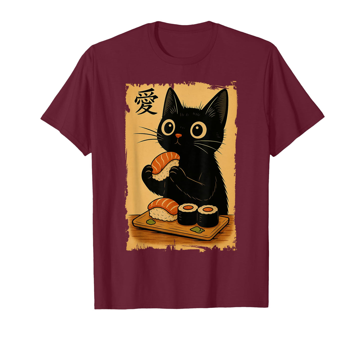 Cute Kawaii Black Cat Eating Sushi Funny Japanese Black Cat T-Shirt