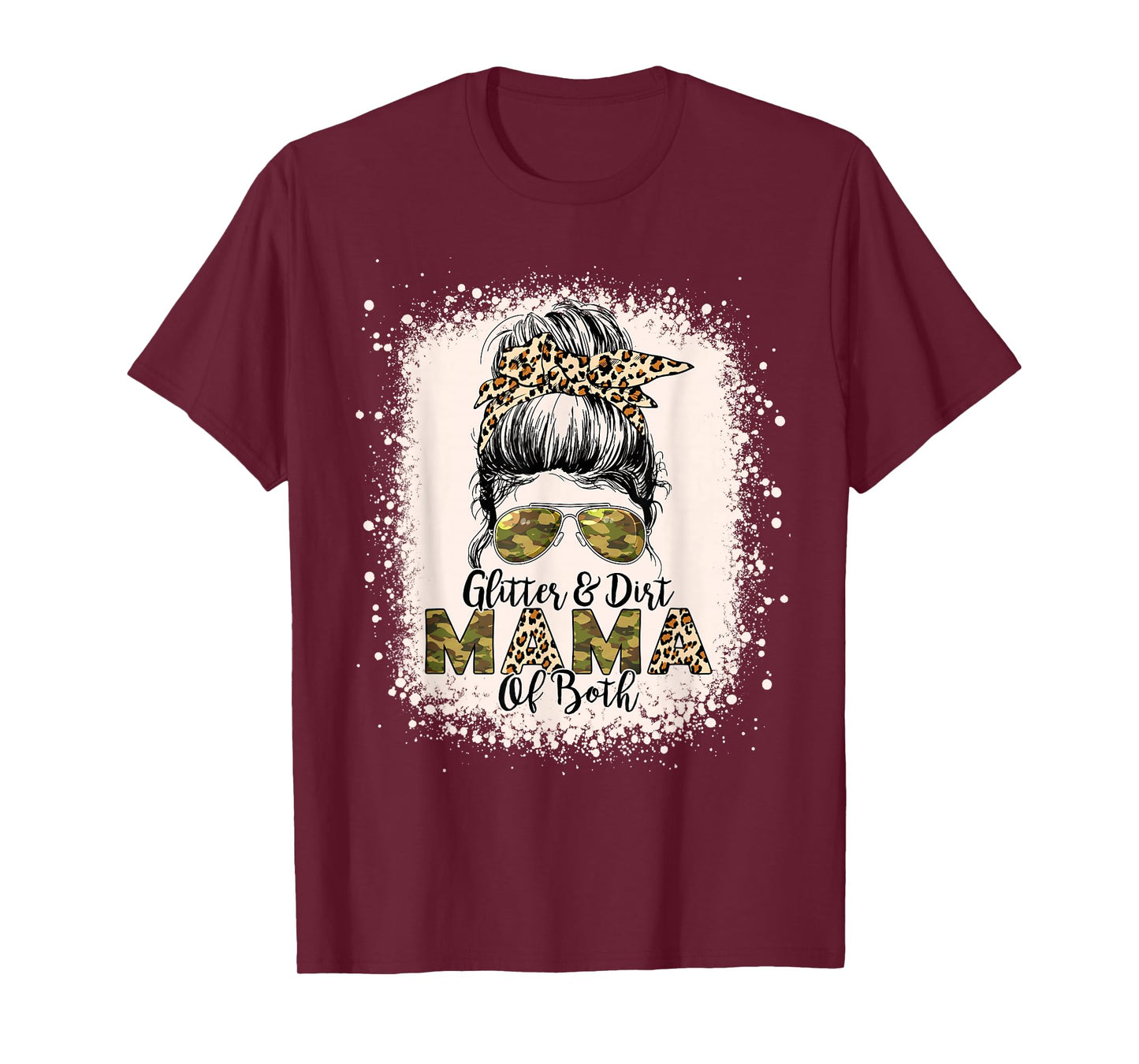 Glitter & Dirt Mama Of Both Leopard Camo Messy Bun Bleached T-Shirt