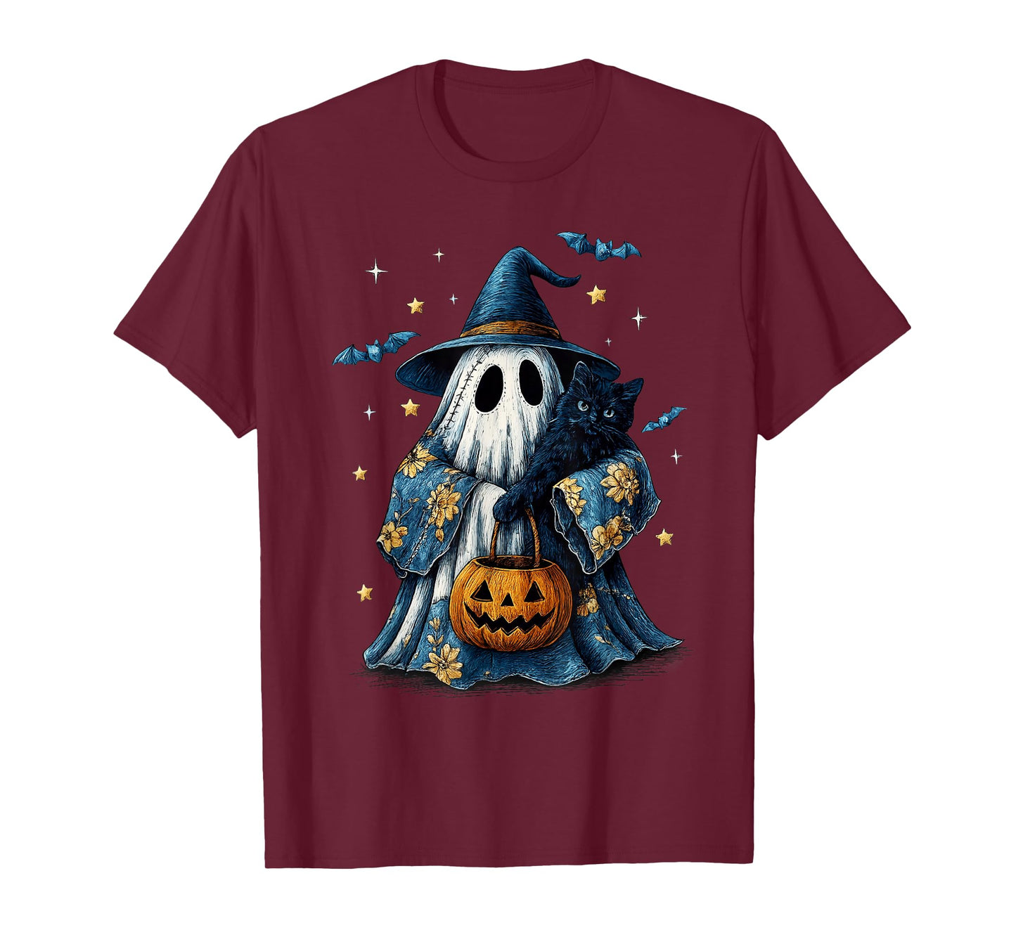 Vintage Halloween Ghost Holding Black Cat Groovy Floral T-Shirt