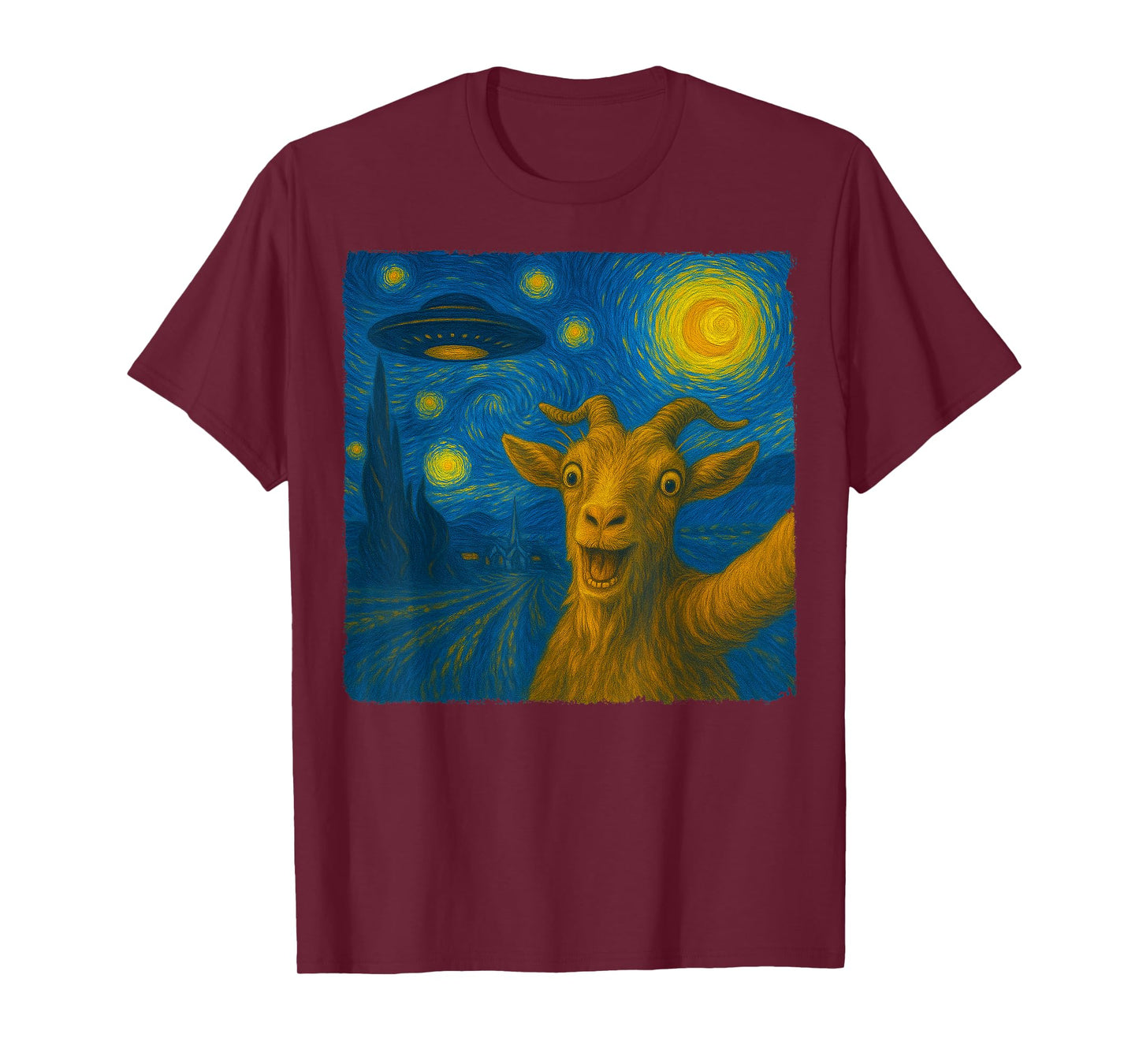 Goat Selfie with UFO Starry Night Van Gogh Art Men Women Kid T-Shirt