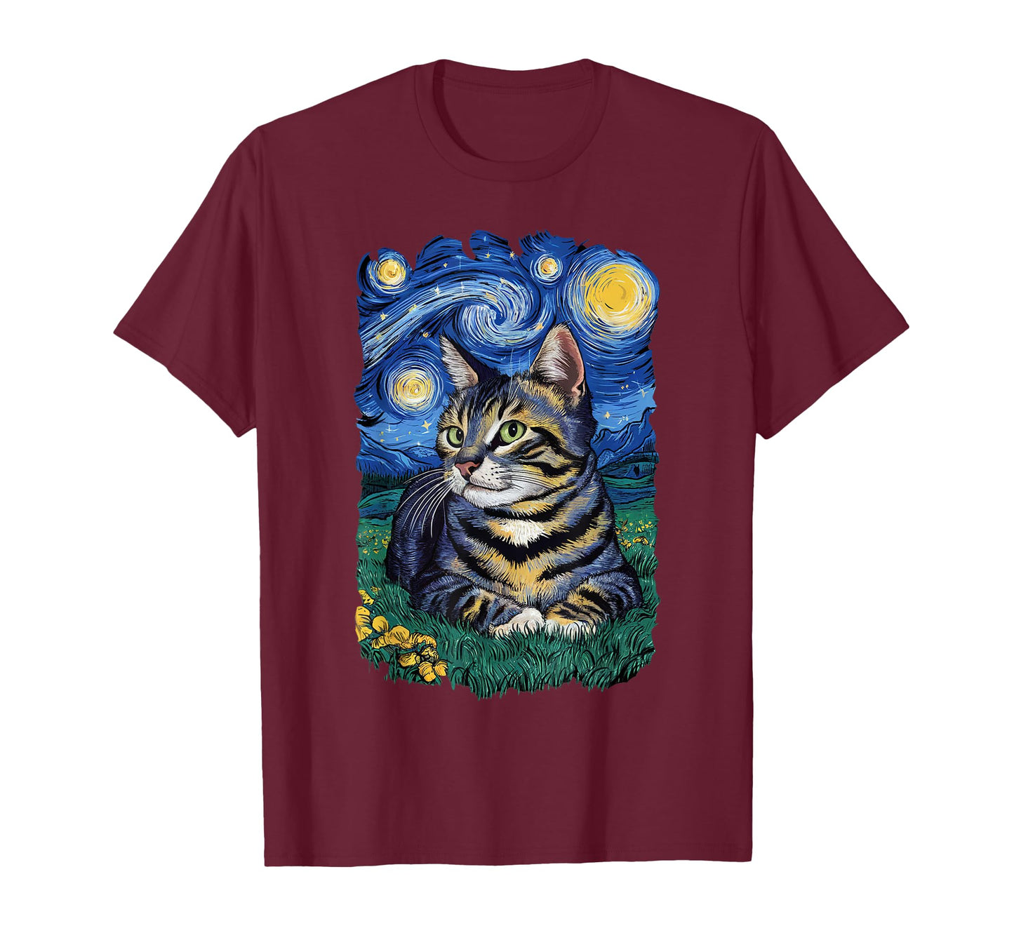 Van Gogh Cat Gifts Tabby Cat Owners Cat Lady Black Men Cat T-Shirt