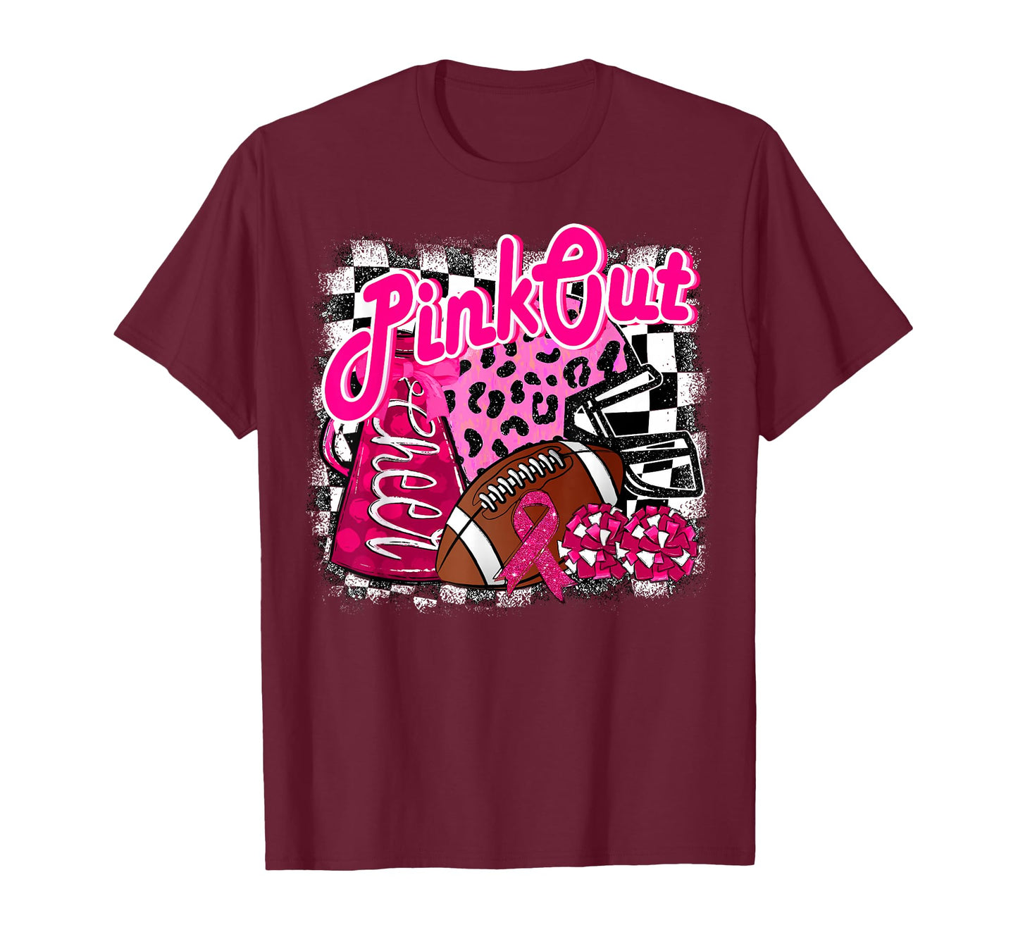 Football Checkered Pink Out Breast Cancer Cheer Mom Mama T-Shirt