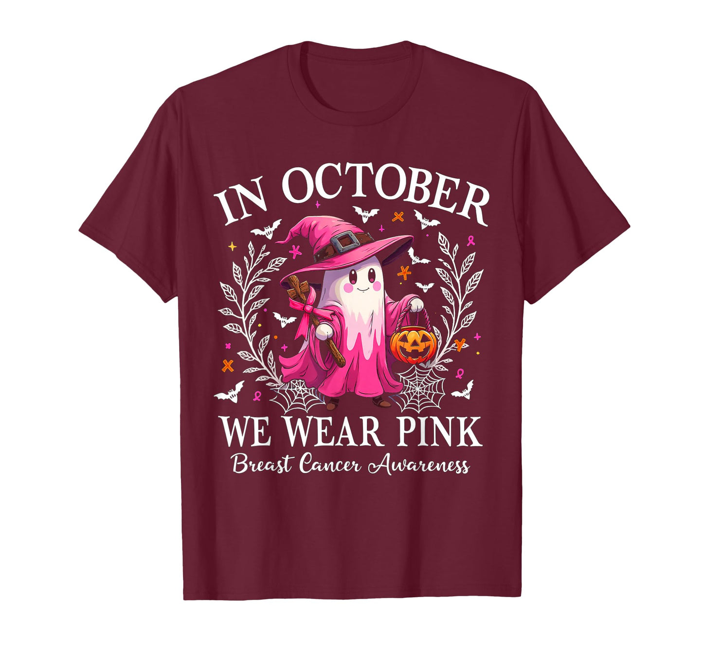 Breast Cancer Awareness 2025 Cute Pink Ghost with Witch Hat T-Shirt