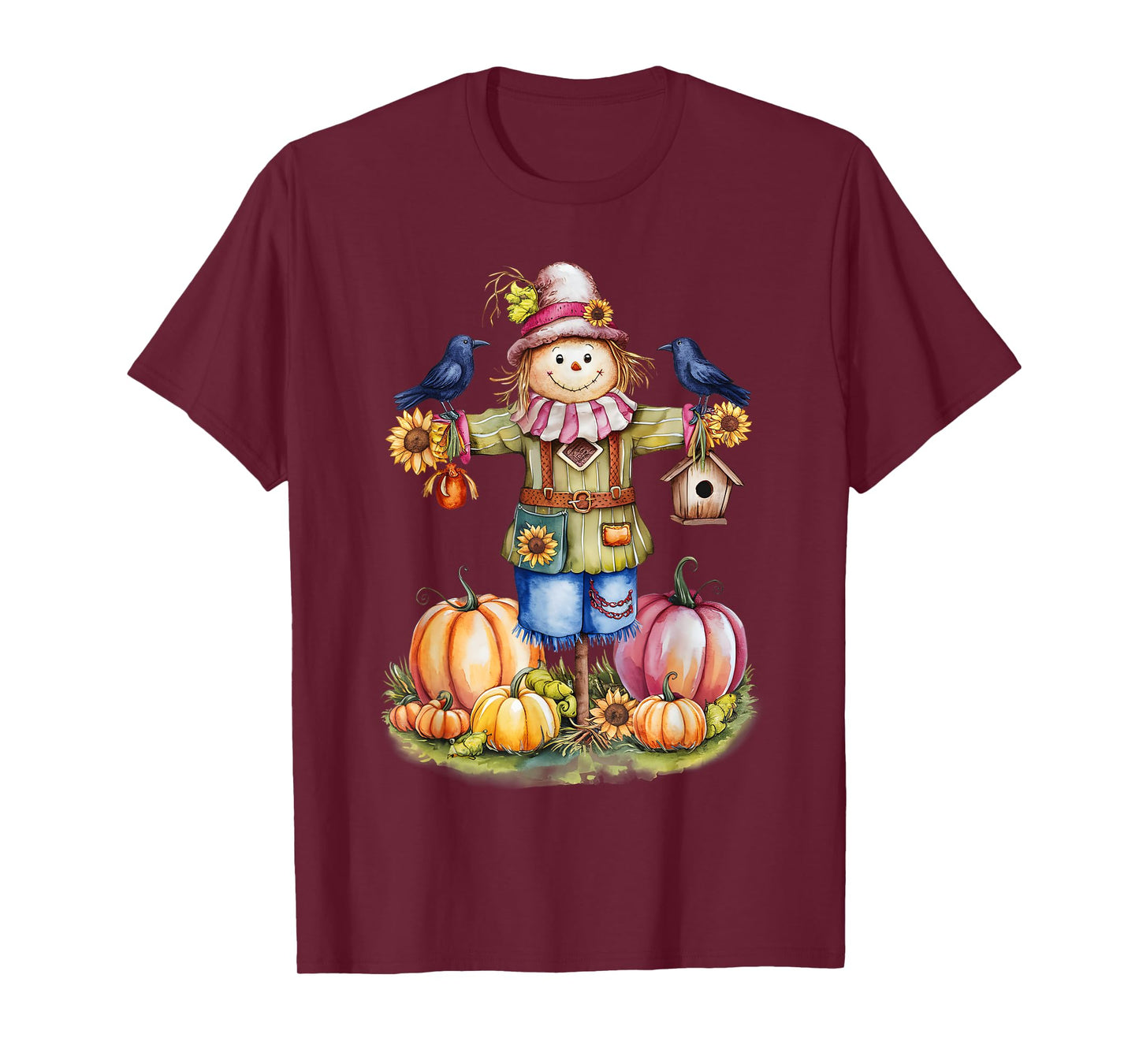 Scarecrow In Pumpkin Garden Hello Fall Autumn Falling Leaves T-Shirt