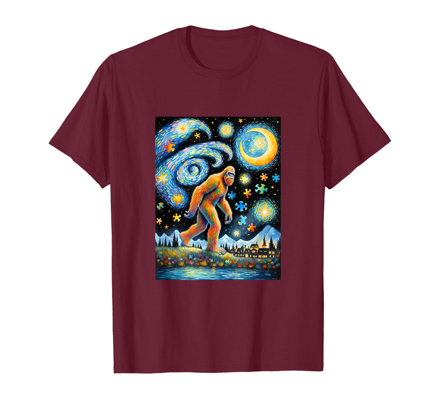 Bigfoot Autism Awareness Sasquatch Starry Night Van Gogh T-Shirt