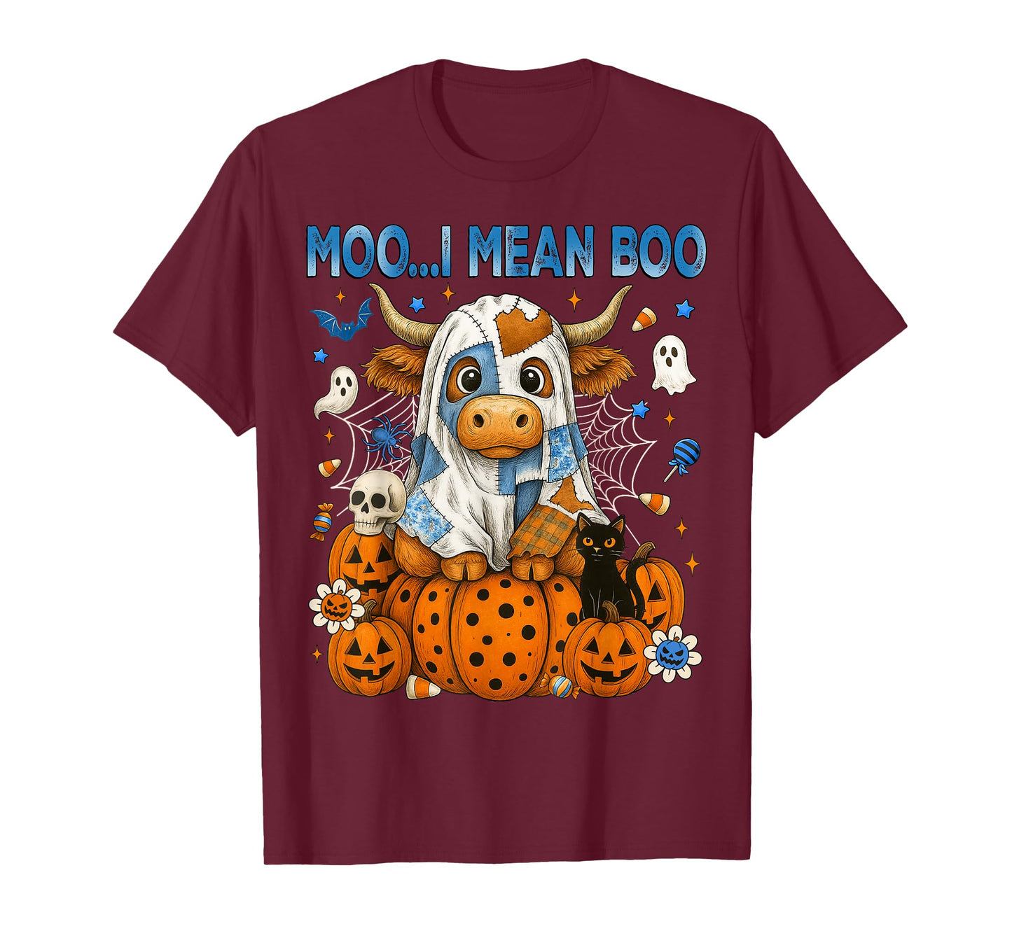 Retro Moo I Mean Boo Blue Denim Highland Cow Ghost Halloween T-Shirt