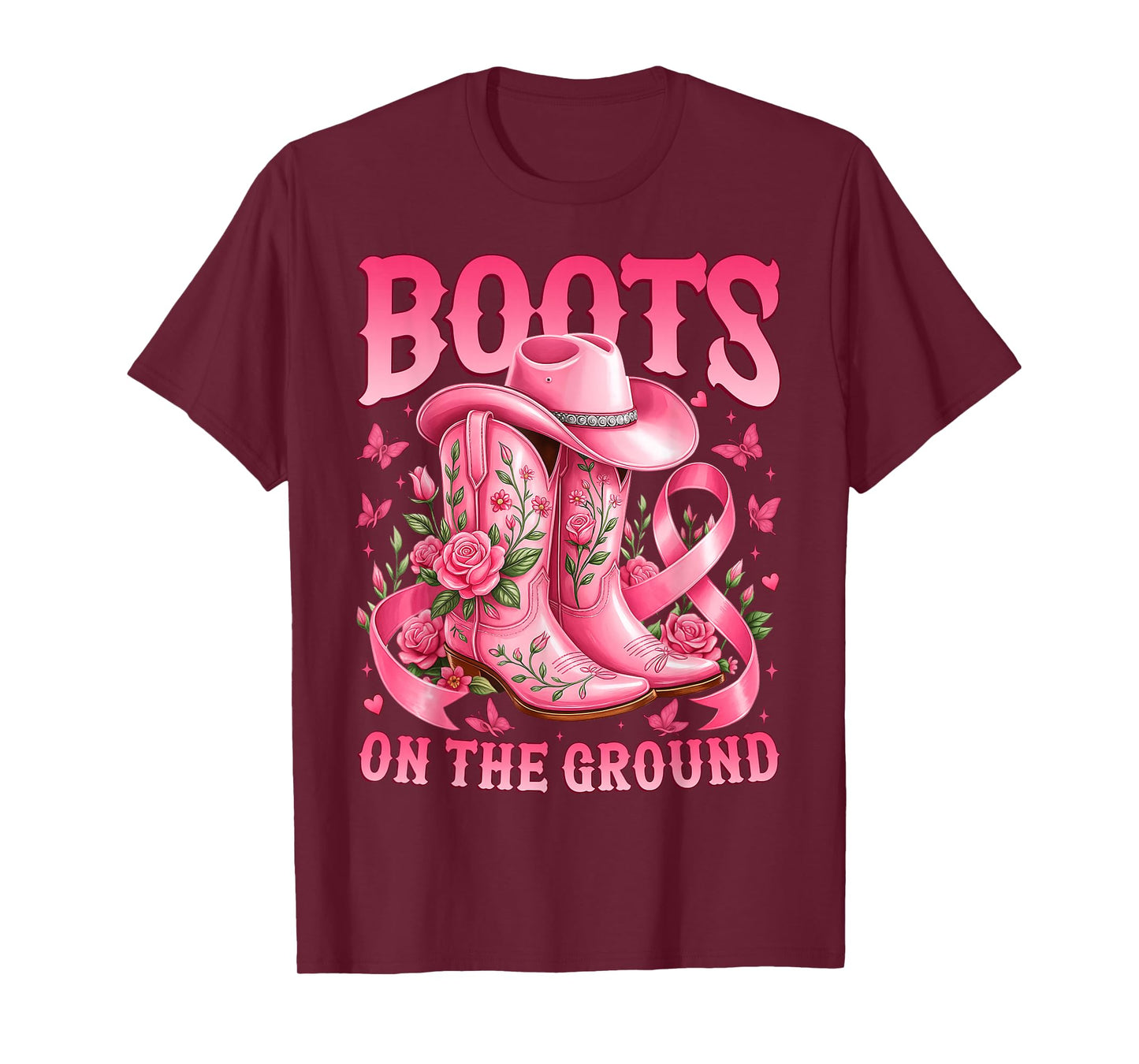 Boots On The Ground Breast Cancer Awareness Pink Ribbon T-Shirt