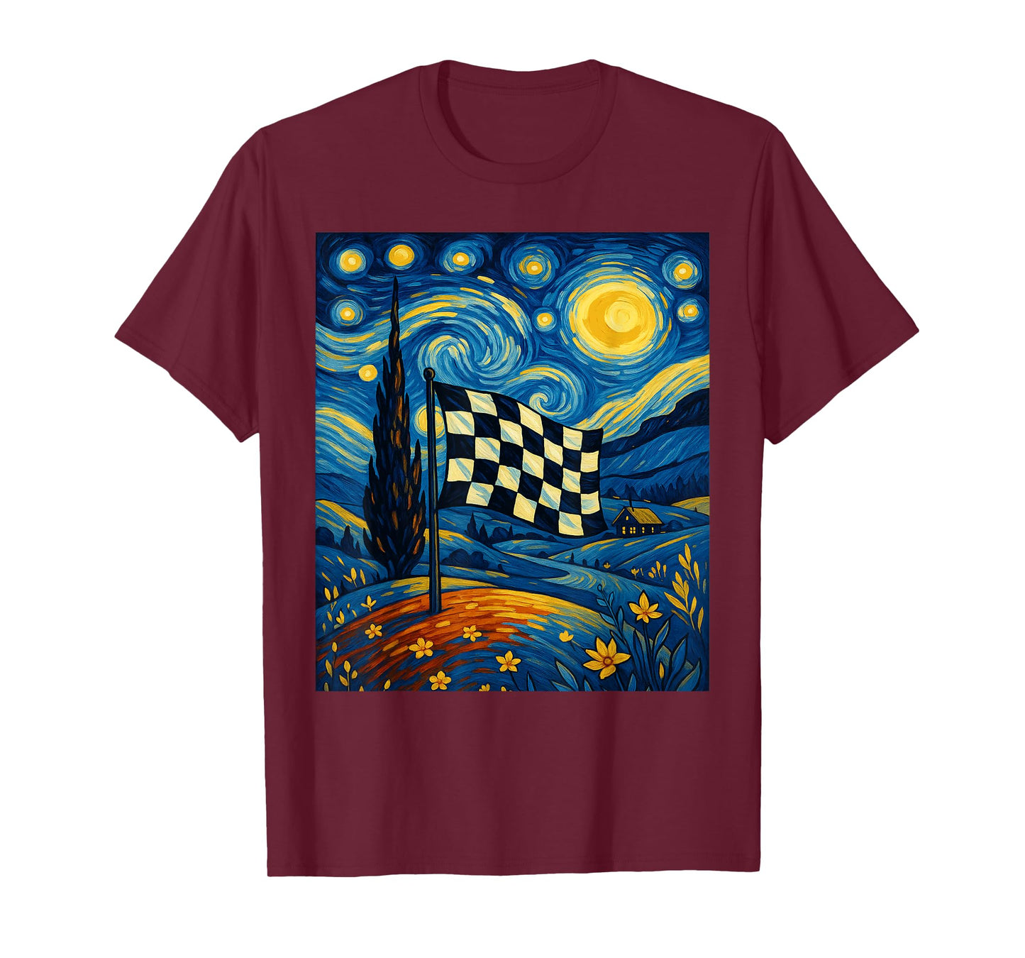 Van Gogh Starry Night Checkered Flag Racing car race crew T-Shirt