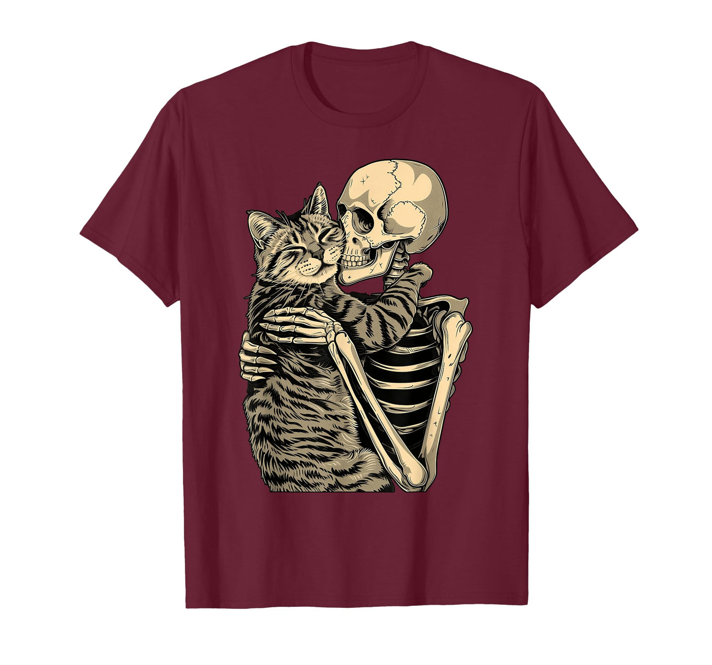 Skeleton Hugging Cat Halloween T-Shirt for Cat Lovers