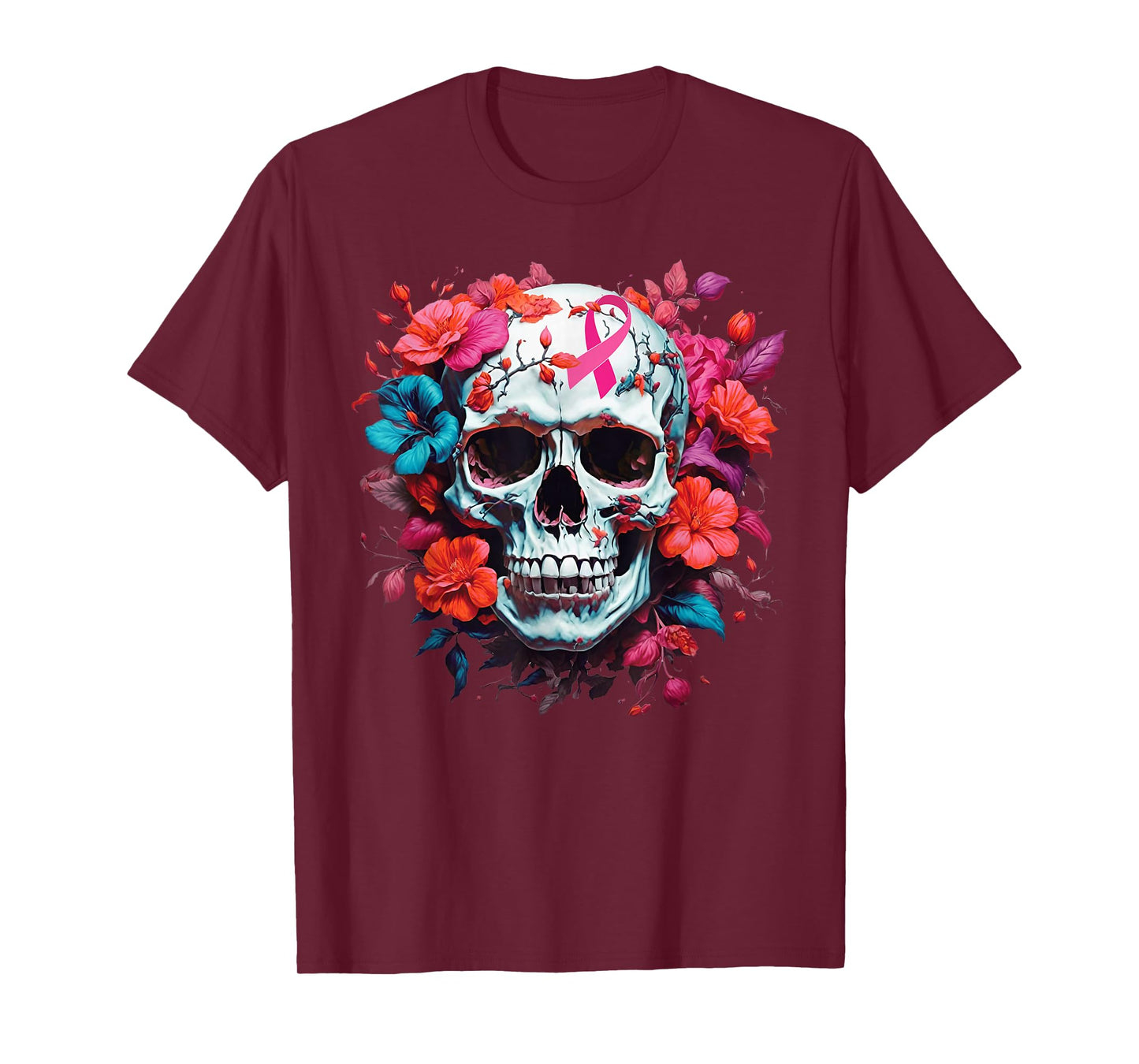 Breast Cancer Skull Shirt For Women Sugar Skull Pink Ribbon T-Shirt