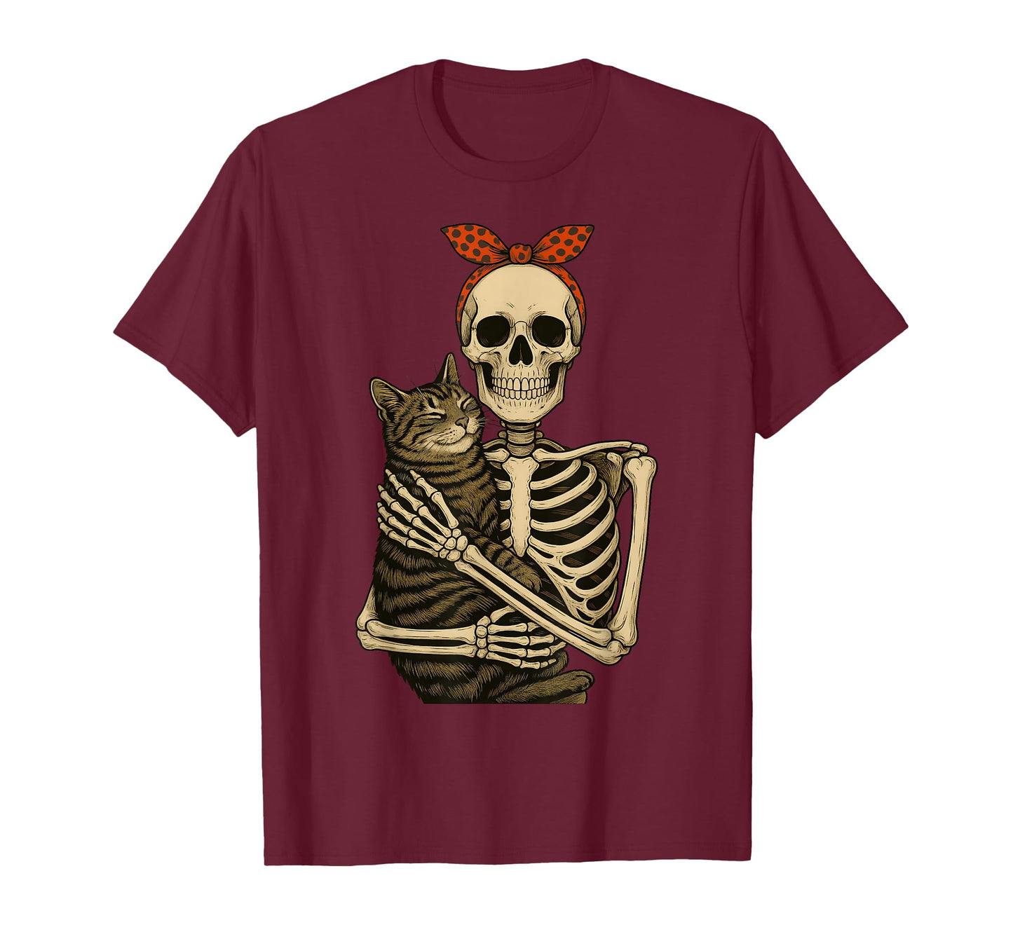 Skeleton Hugging Cat Halloween Cat Lovers Bandana Women Kid T-Shirt