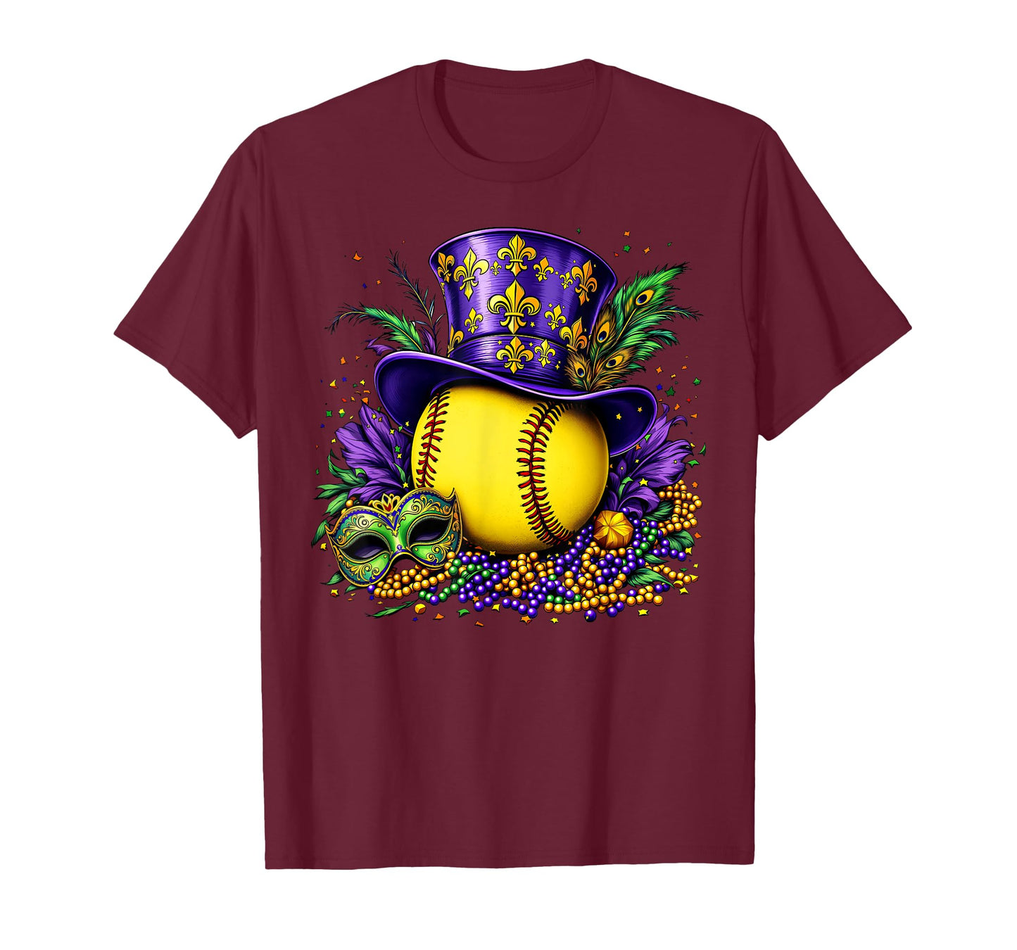 Softball Top Hat Masked Beads Mardi Gras Men Women T-Shirt