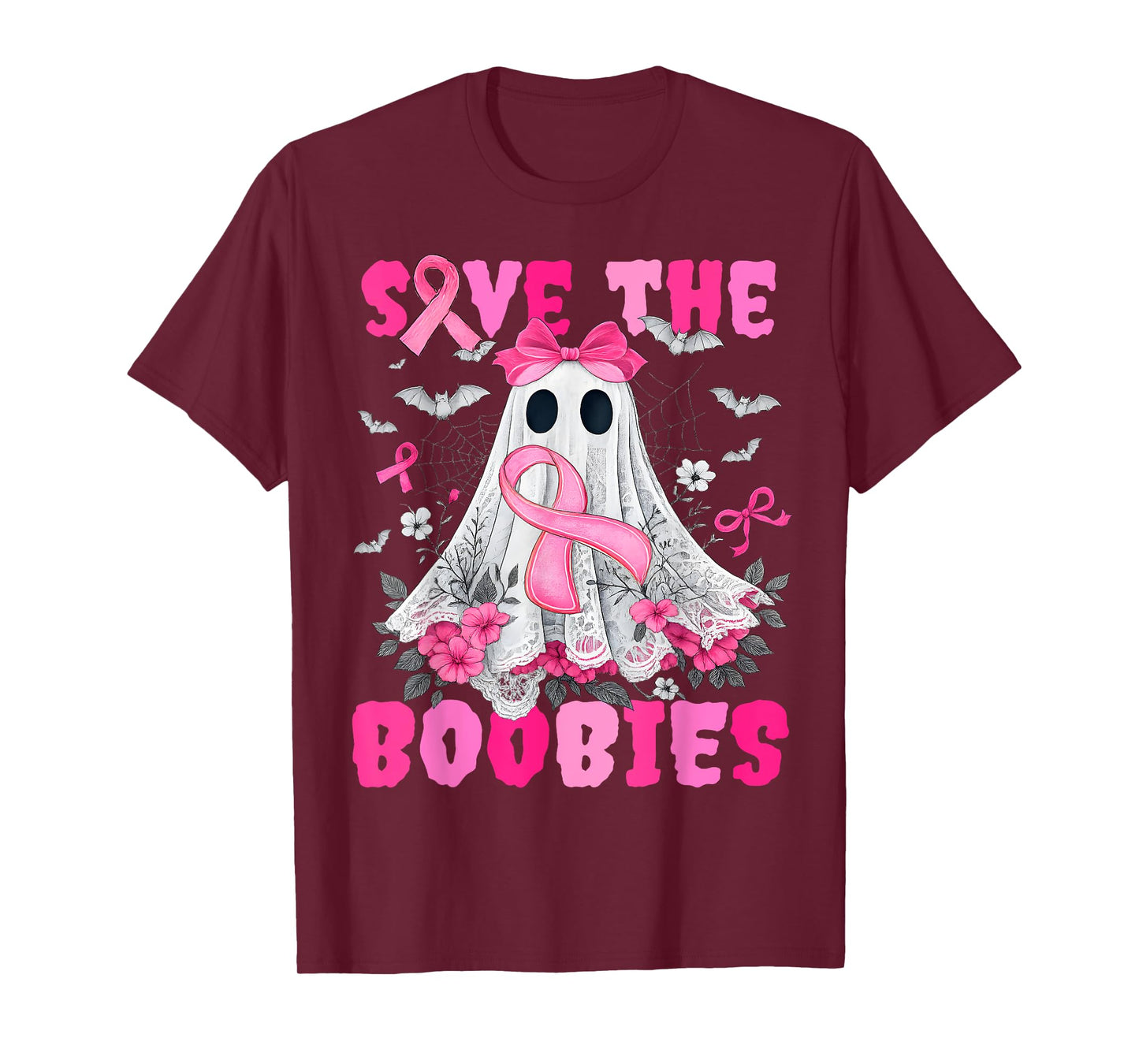 Save The Boobies Lace Bow Breast Cancer Awareness Halloween T-Shirt