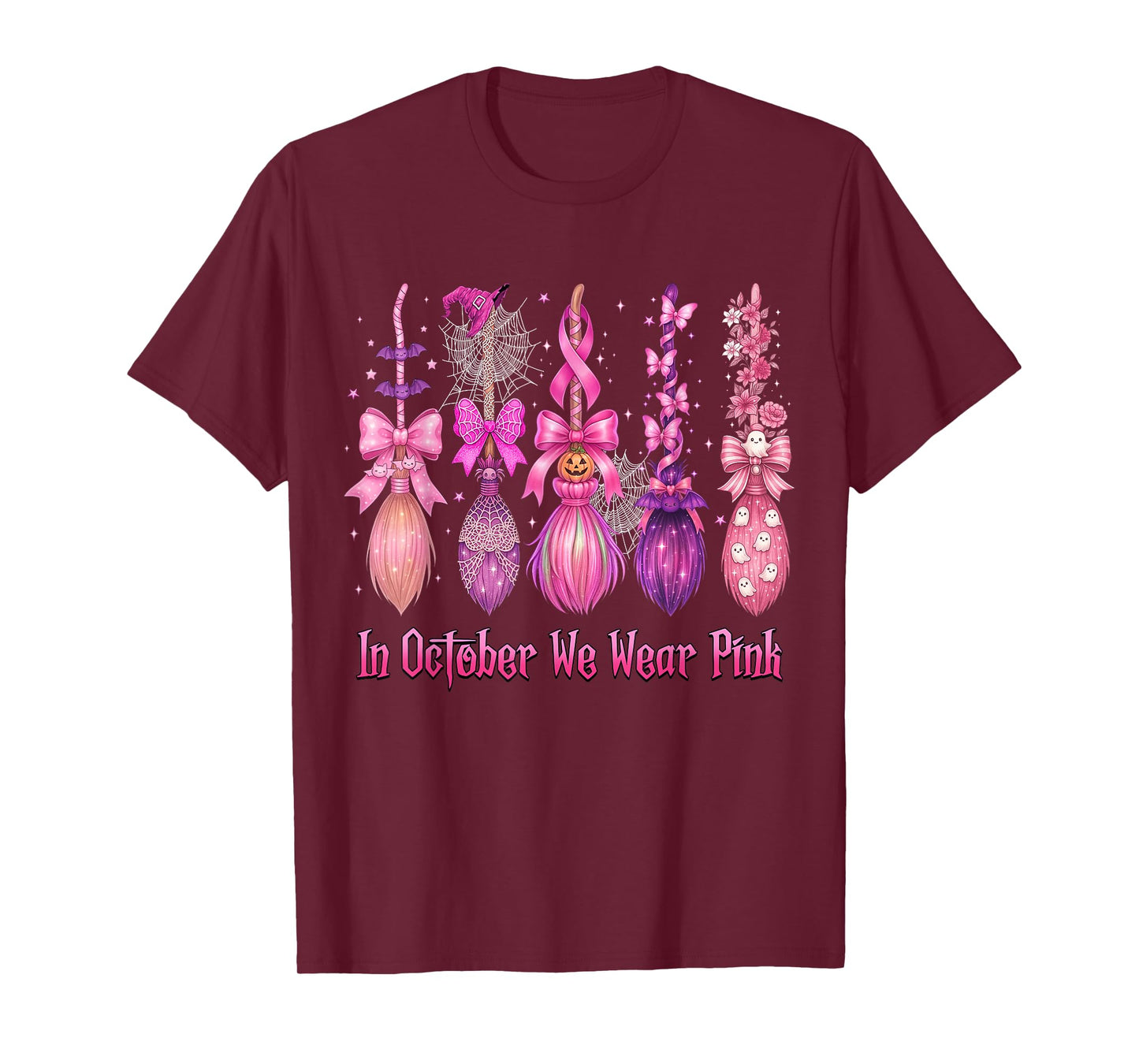 in October We Wear Pink Witch Broom Halloween Breast Cancer T-Shirt