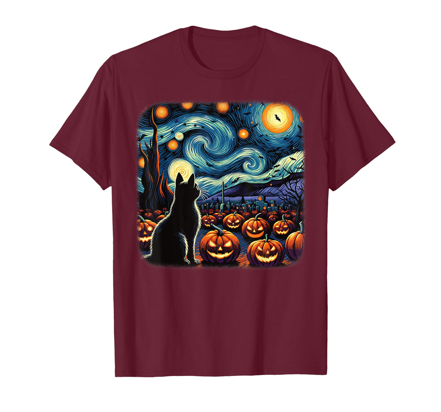 Halloween Black Cat Van Gogh Starry Night Pumpkins Bats Men Women Girls Kids T-Shirt