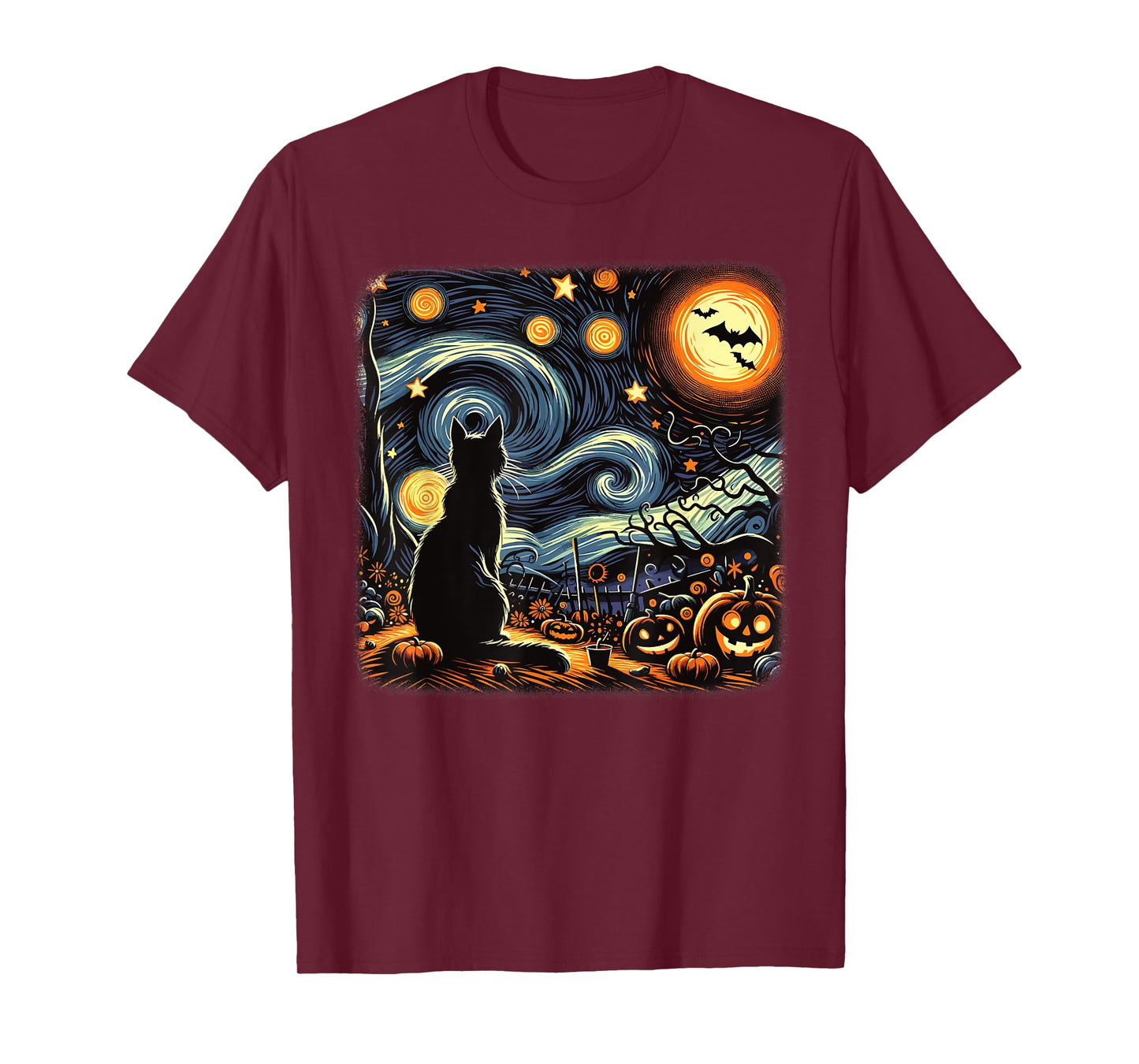 Halloween Black Cat Van Gogh Starry Night Cat Lovers Cat T-Shirt