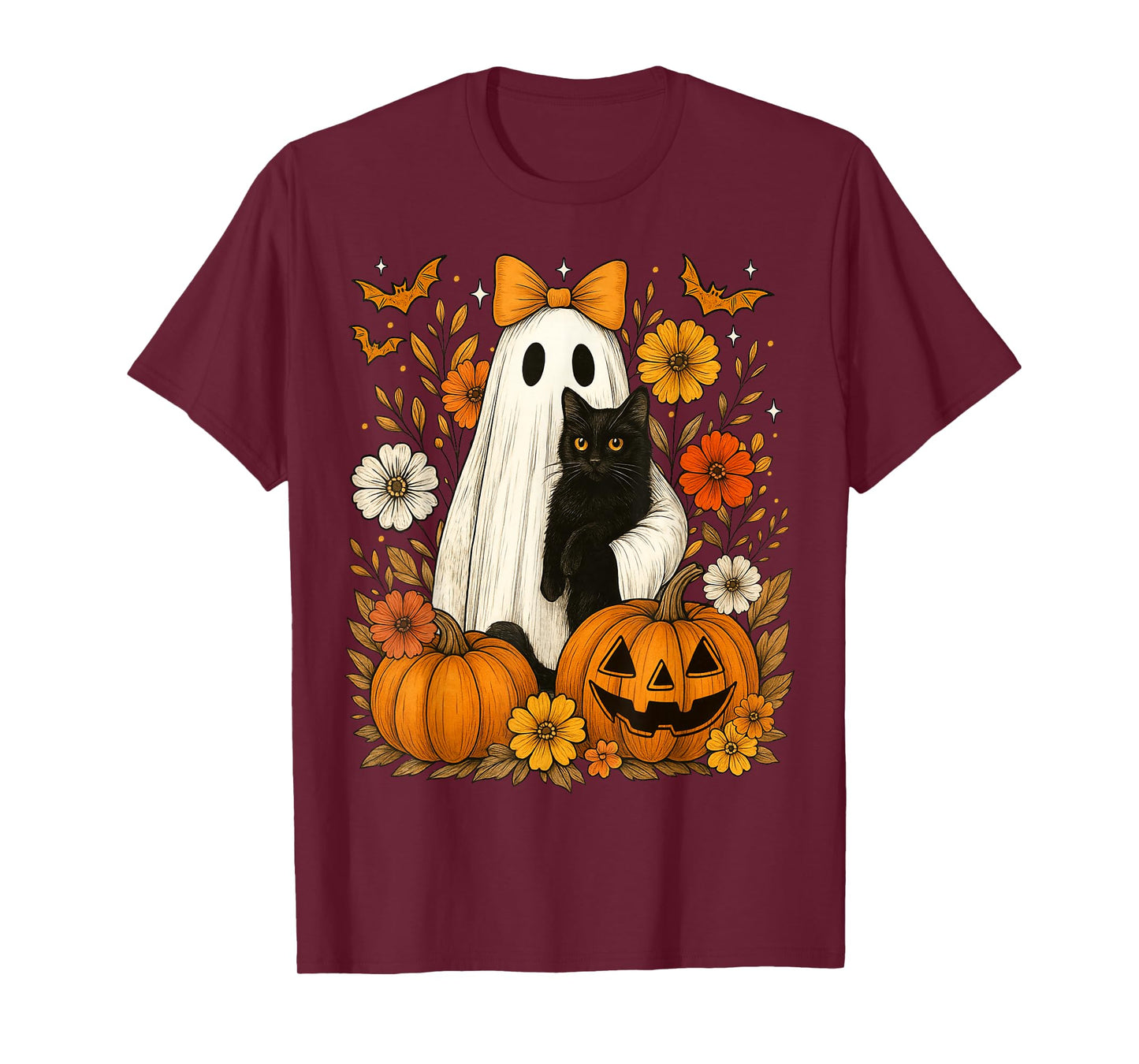 Vintage Halloween Ghost Holding Black Cat Groovy Floral T-Shirt