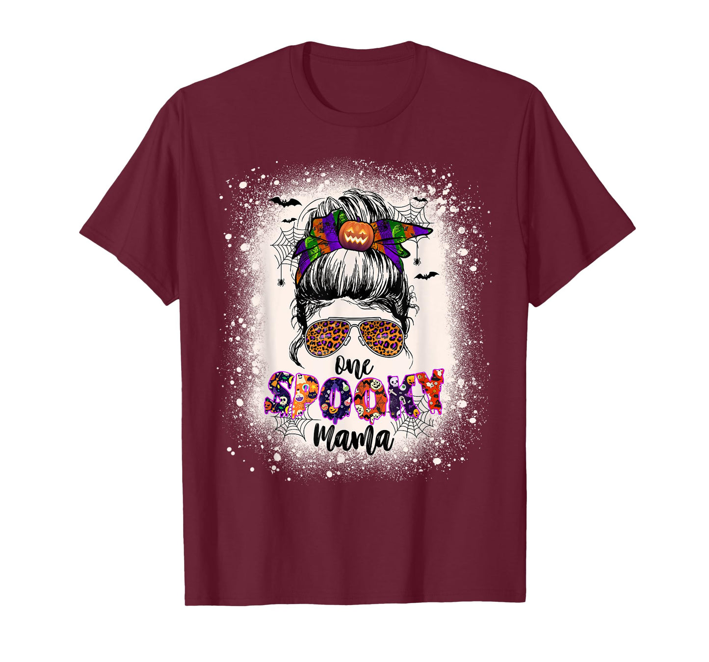 One Spooky Mama Mommy Halloween Mom Life Messy Bun Bleached T-Shirt