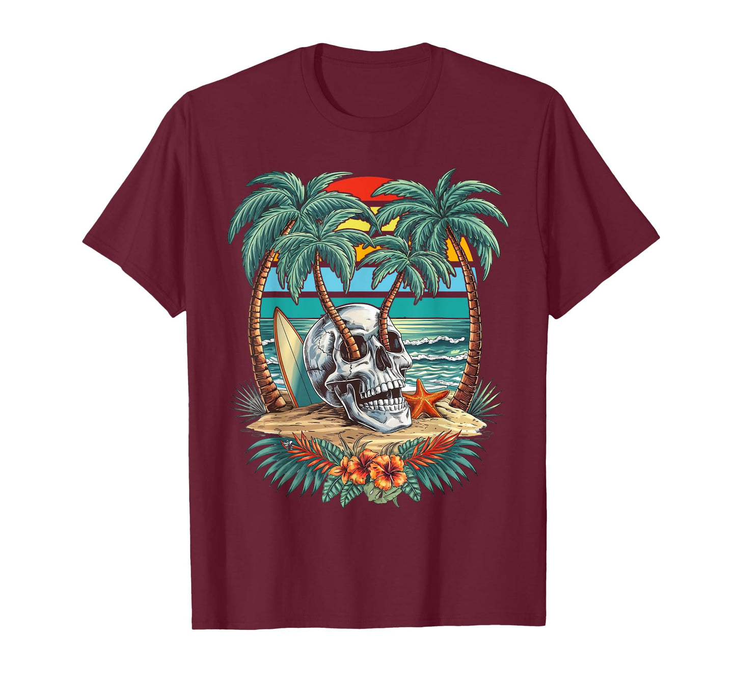Vintage Palm Tree Skull Summer Beach Men Motorcycle Tattoo T-Shirt