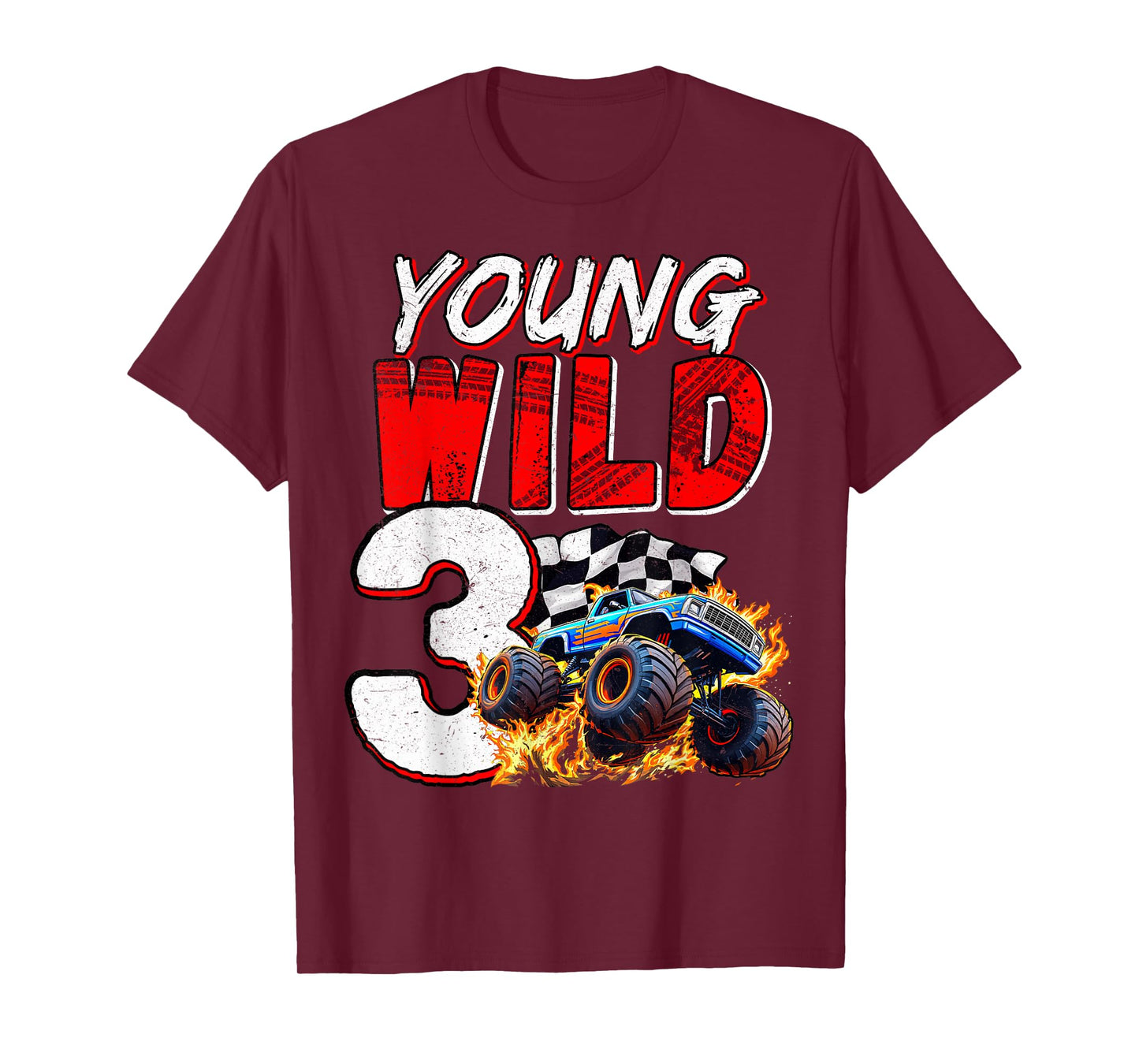 Kids 3rd Birthday Young Wild and Three 3 Year Monster Truck T-Shirt