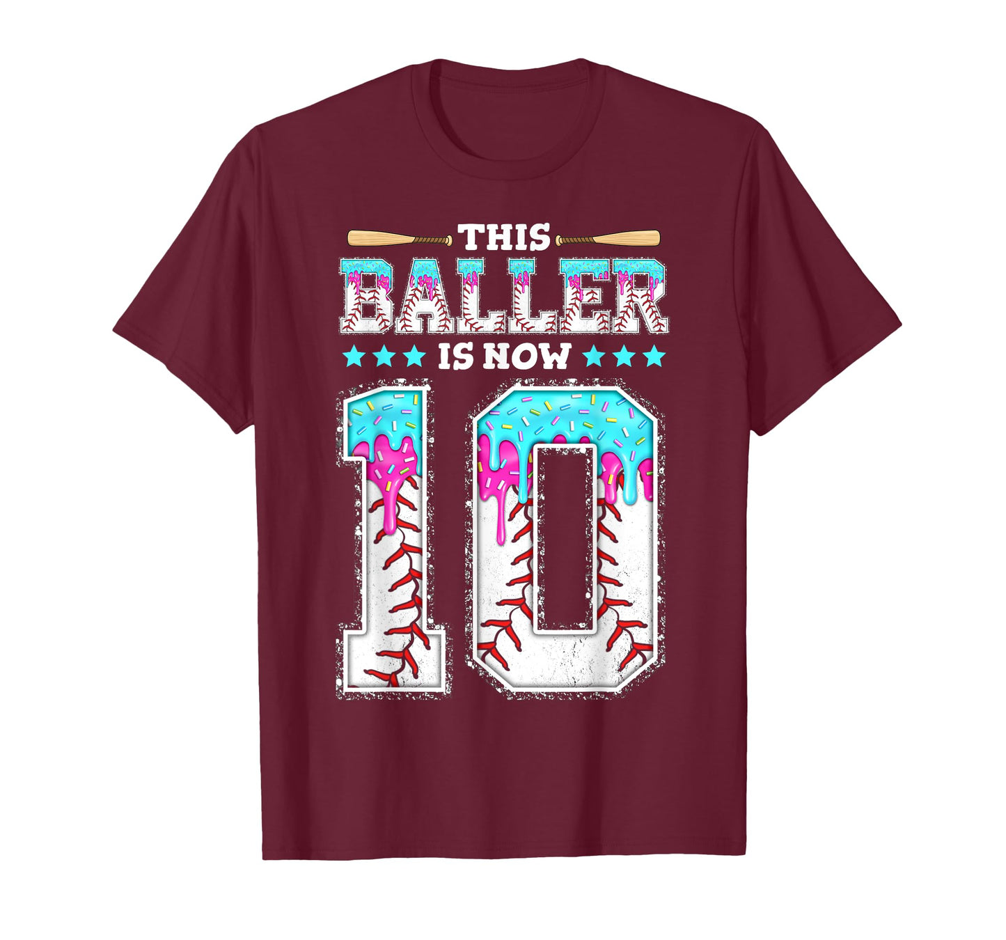 Baller Is Now 10 Year Ice Cream Drip 10th Birthday Baseball T-Shirt