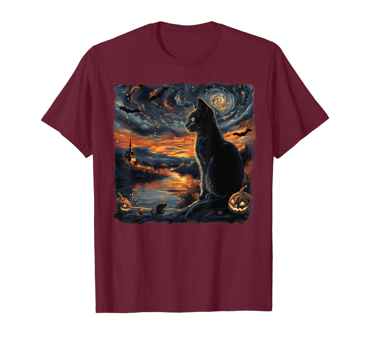Halloween Van Gogh Starry Night Black Cat Pumpkins Bats Tees T-Shirt for Men Women Kids