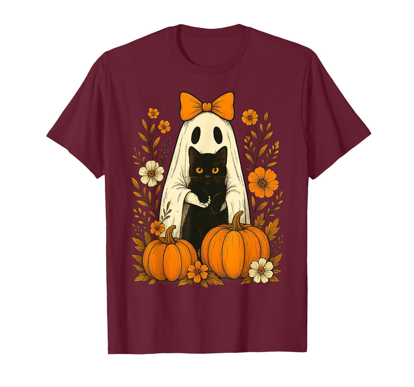 Cute Ghost Black Cat Halloween Pumpkin Groovy Floral Gifts T-Shirt
