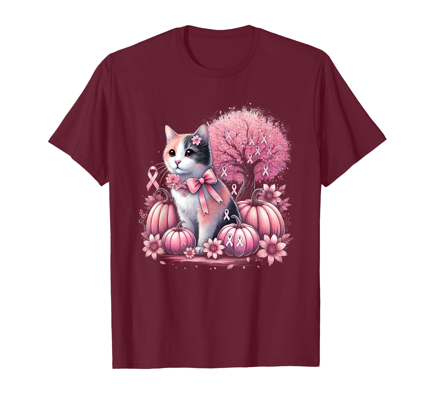 Cat Pink Flower Breast Cancer Awareness Men Women Kids T-Shirt