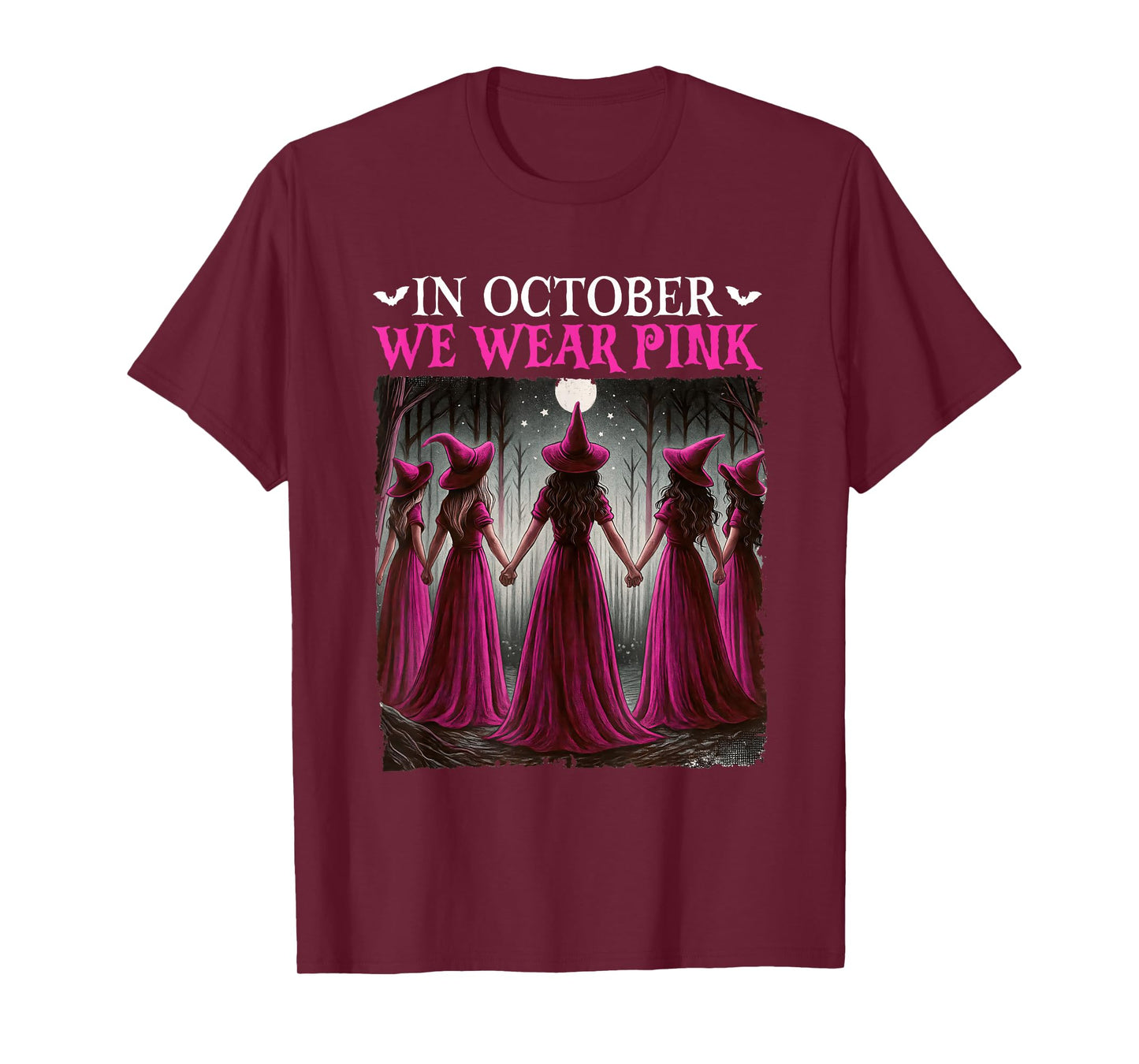 in October We Wear Pink Witch Halloween Breast Cancer Women T-Shirt