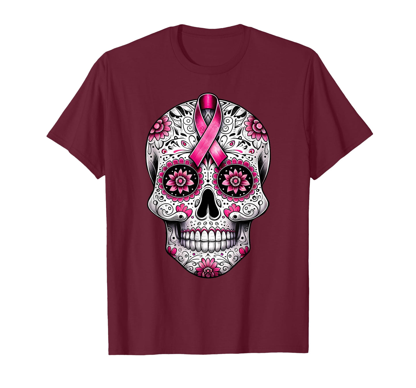 Pink Ribbon Sugar Skull Calavera Breast Cancer Awareness T-Shirt