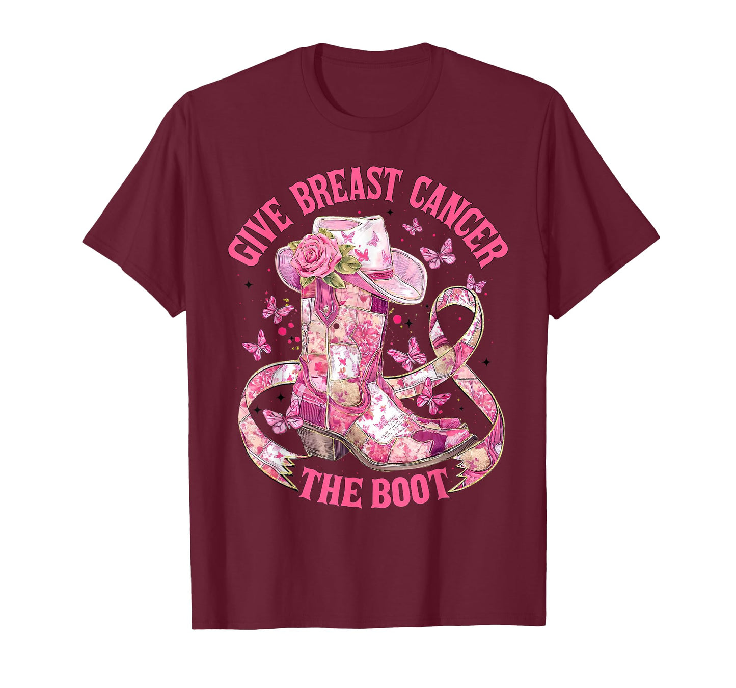 Give Breast Cancer The Boot Pink Ribbon Western Cowboy Boots T-Shirt