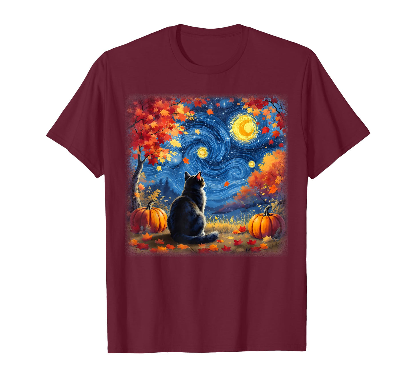 Cat Starry Night Cats Lover Thanksgiving Fall Autumn T-Shirt