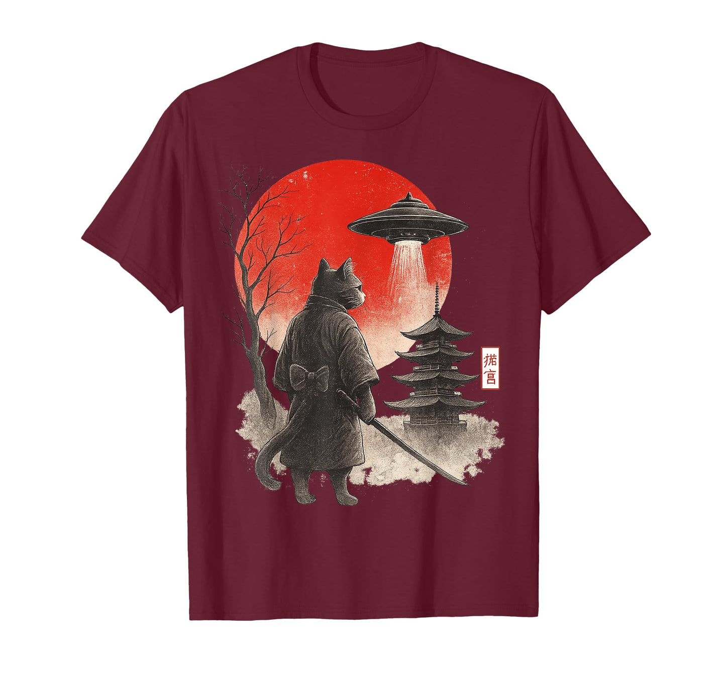 Samurai Ninja Cat Warrior UFO Japanese Anime Gifts Funny Cat T-Shirt