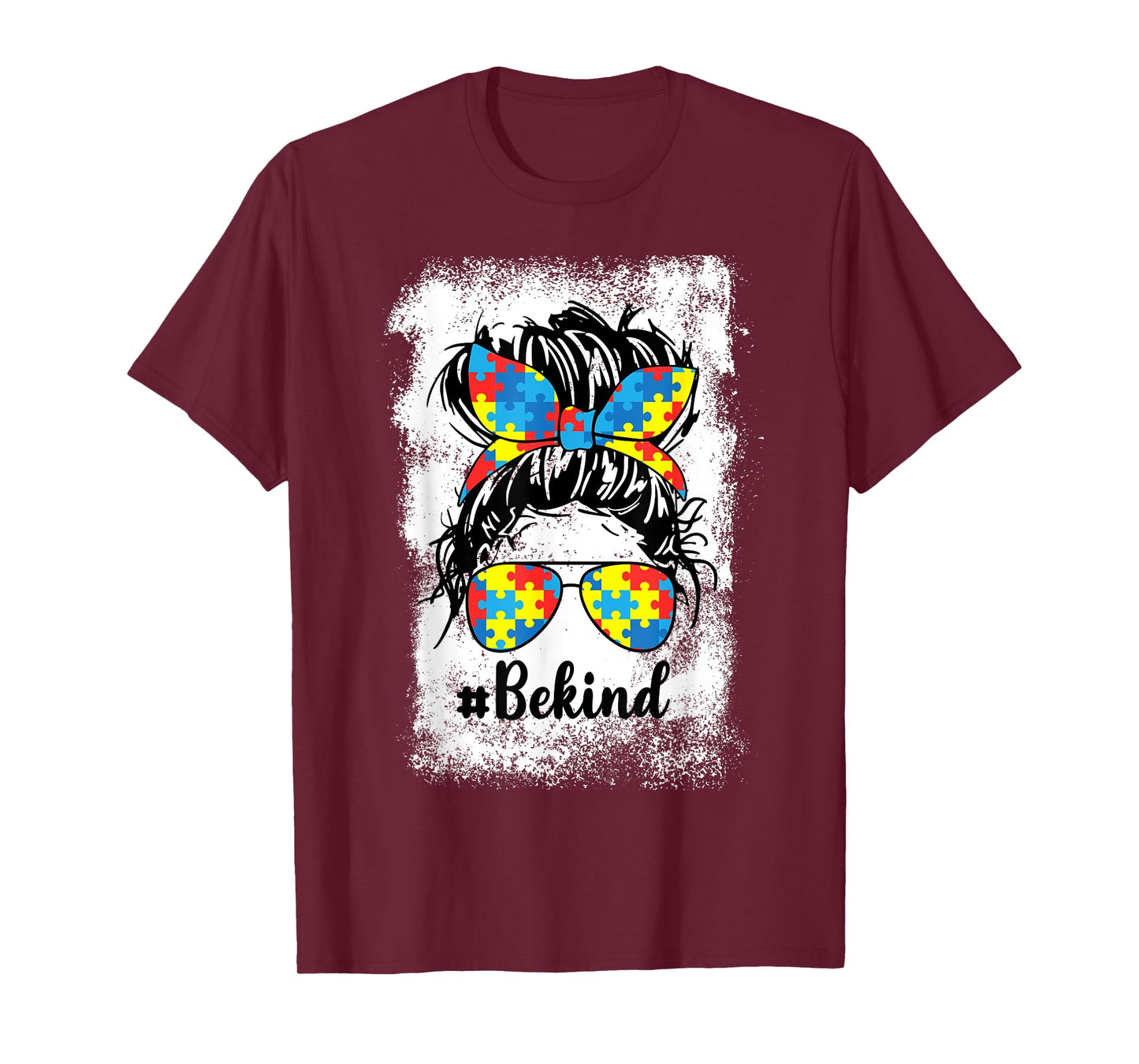 Be Kind Autism Messy Bun Girl Puzzle Piece Autism Awareness T-Shirt
