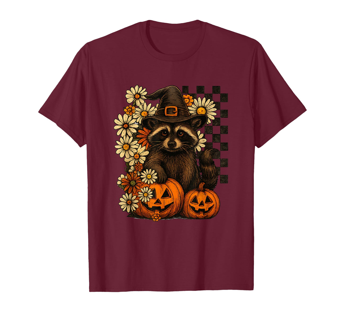 Cute Halloween Raccoon Witch Hat Pumpkins Fall Flowers T-Shirt
