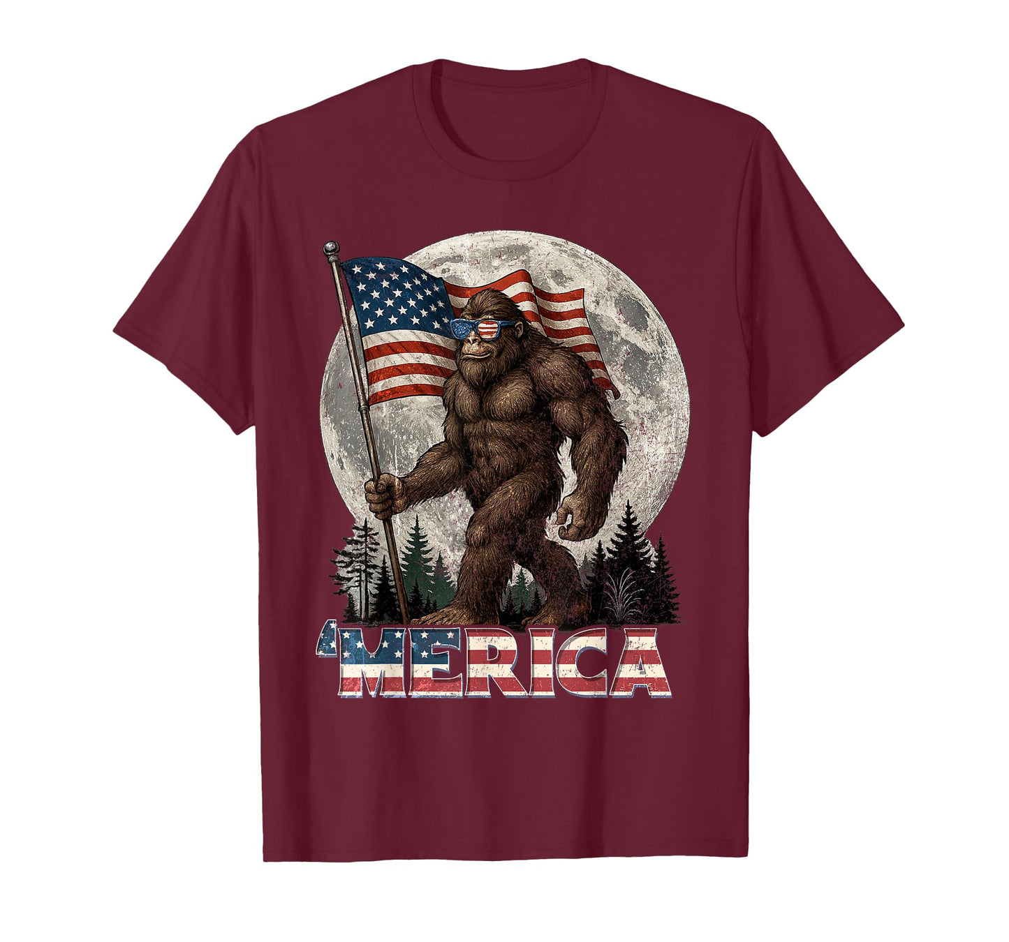 Bigfoot American Flag Funny 4th Of July Men Rock Sasquatch T-Shirt
