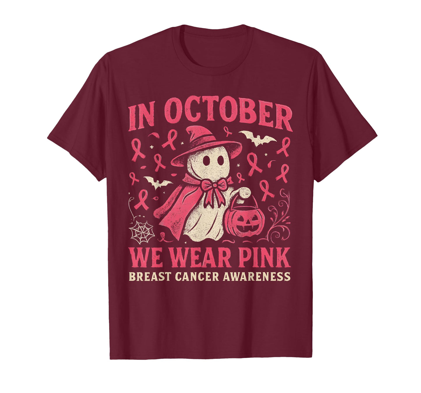 in October We Wear Pink Ghost Halloween Women Breast Cancer T-Shirt